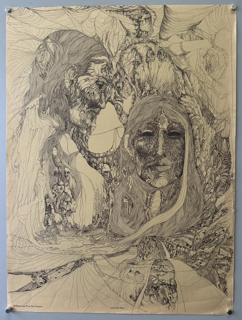 A detailed, black and white pen and ink drawing titled "Faces" by Nick Hyde, featuring intricate, interwoven lines forming two prominent, stylized faces and various smaller, hidden figures and abstract shapes within a complex, organic landscape.