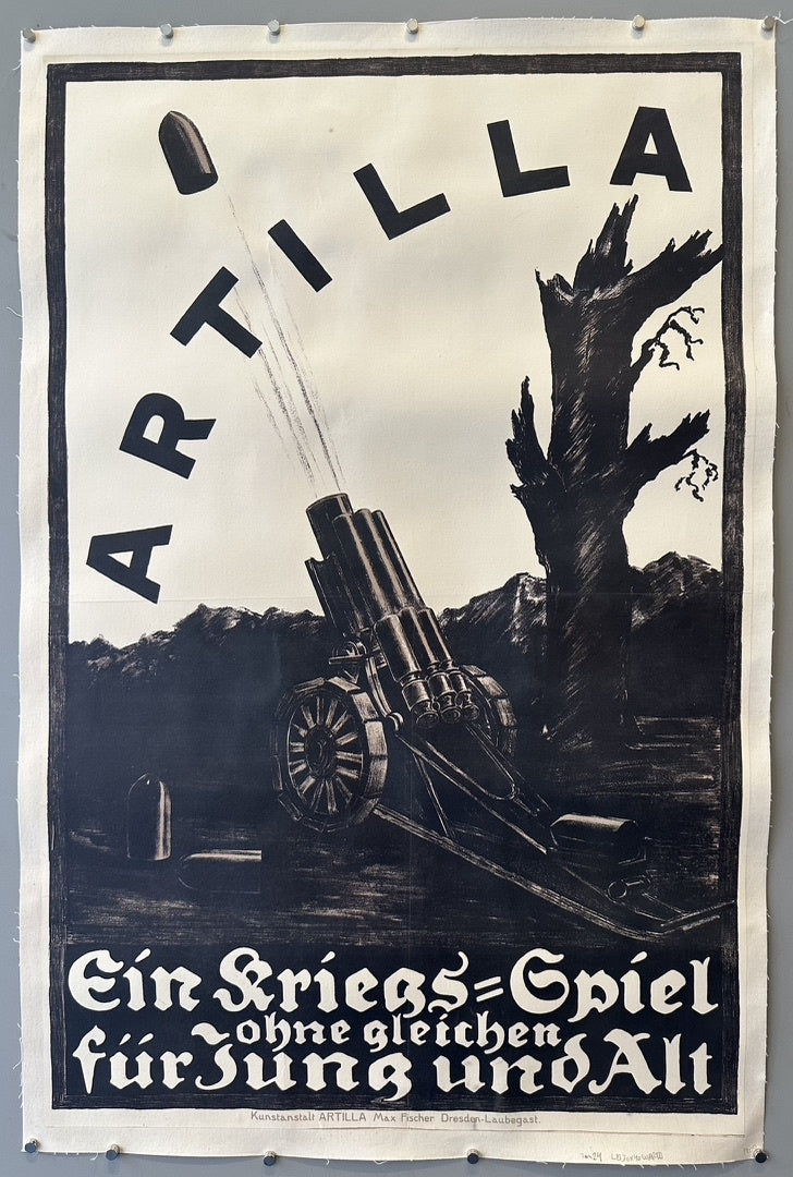 The poster features an illustration of a cannon firing a projectile, with the German text "Ein Kriegs-Spiel ohne gleichen für Jung und Alt" which translates to "A war game without equal for young and old