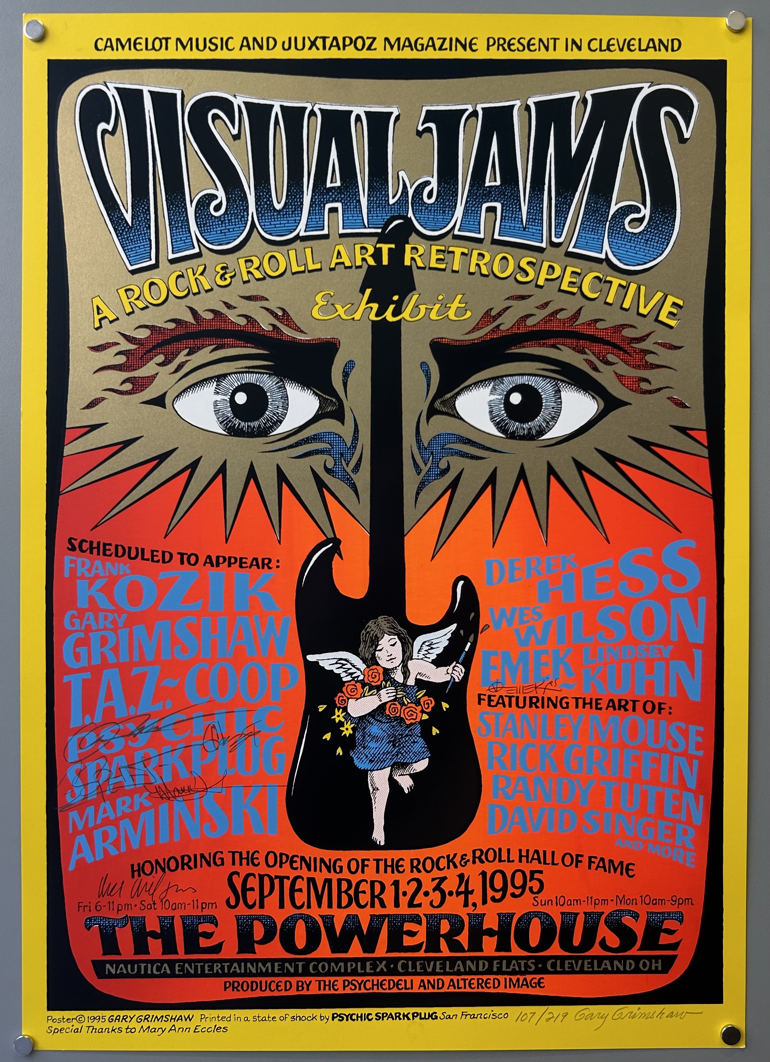 This poster advertises "Visual Jams: A Rock & Roll Art Retrospective Exhibit" which honored the opening of the Rock & Roll Hall of Fame in 1995.