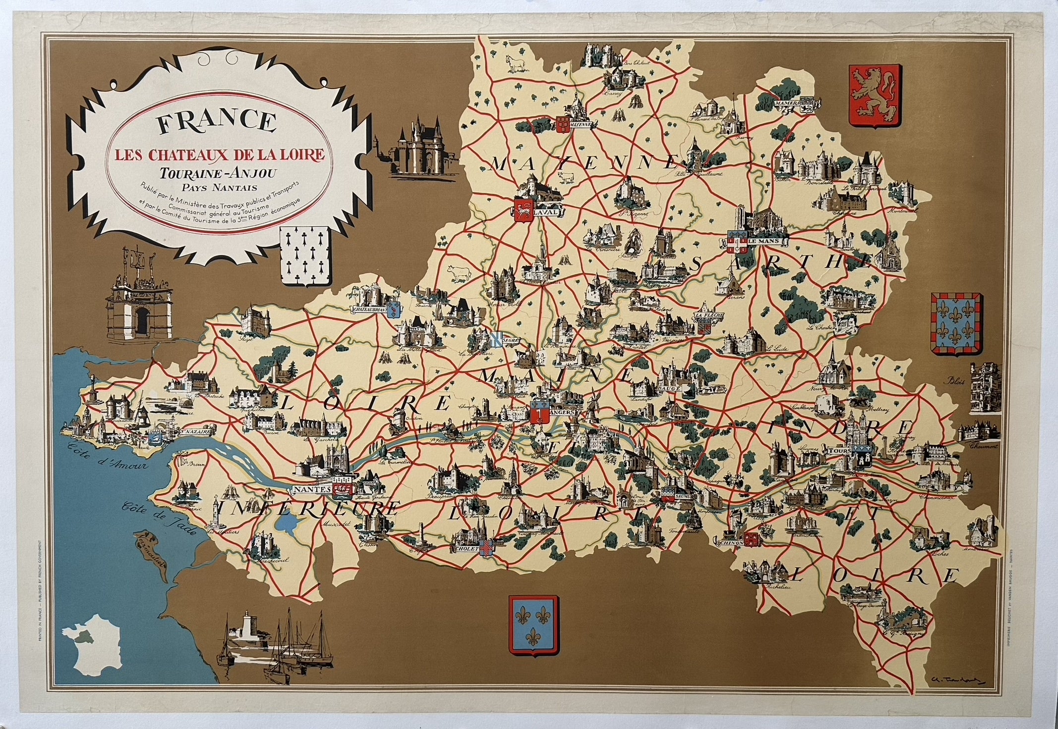 Maurice Tranchant (born 1904) was a French artist known for his designs, including those for Hermès scarves and a cartographic children's book. He also created this particular poster depicting the Châteaux of the Loire Valley around 1930