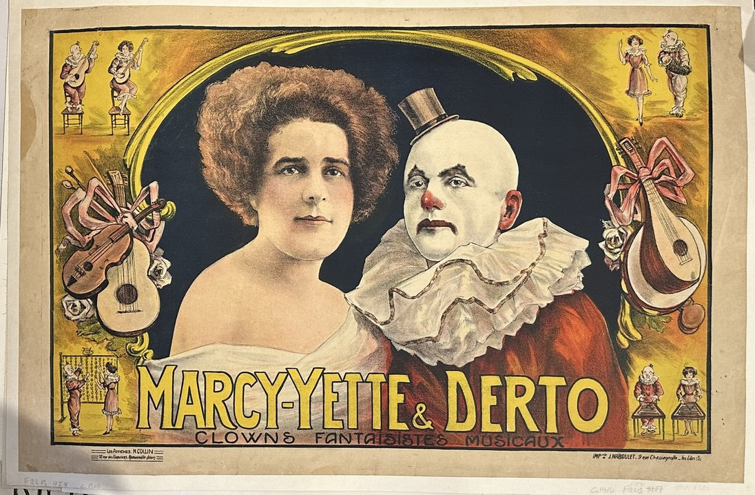 The poster advertises their act, likely at a circus or similar performance venue, highlighting their unique blend of musicality and clowning.