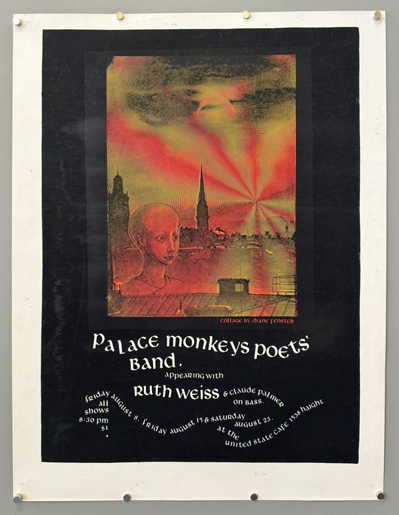 Palace Monkeys Poets' Band event poster from 1975 featuring a colorful collage by Diane Fenster.