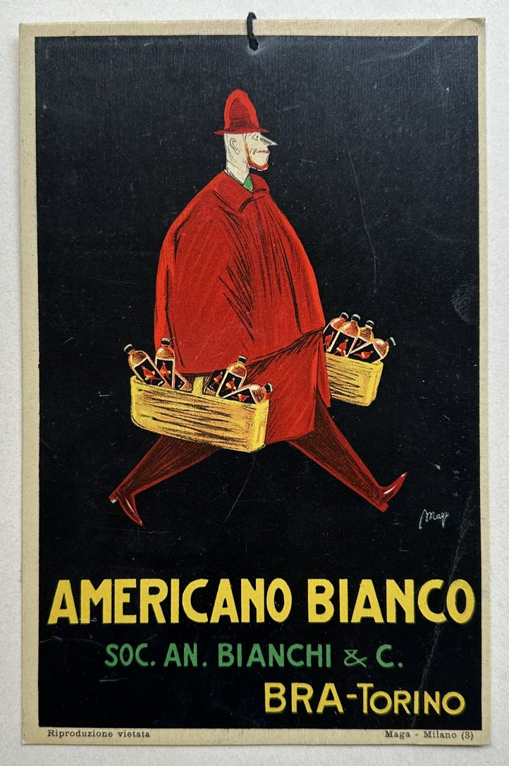 A vintage poster advertisement for "Americano Bianco" featuring a stylized figure in a red coat and hat carrying two wooden crates filled with bottles, set against a dark background.