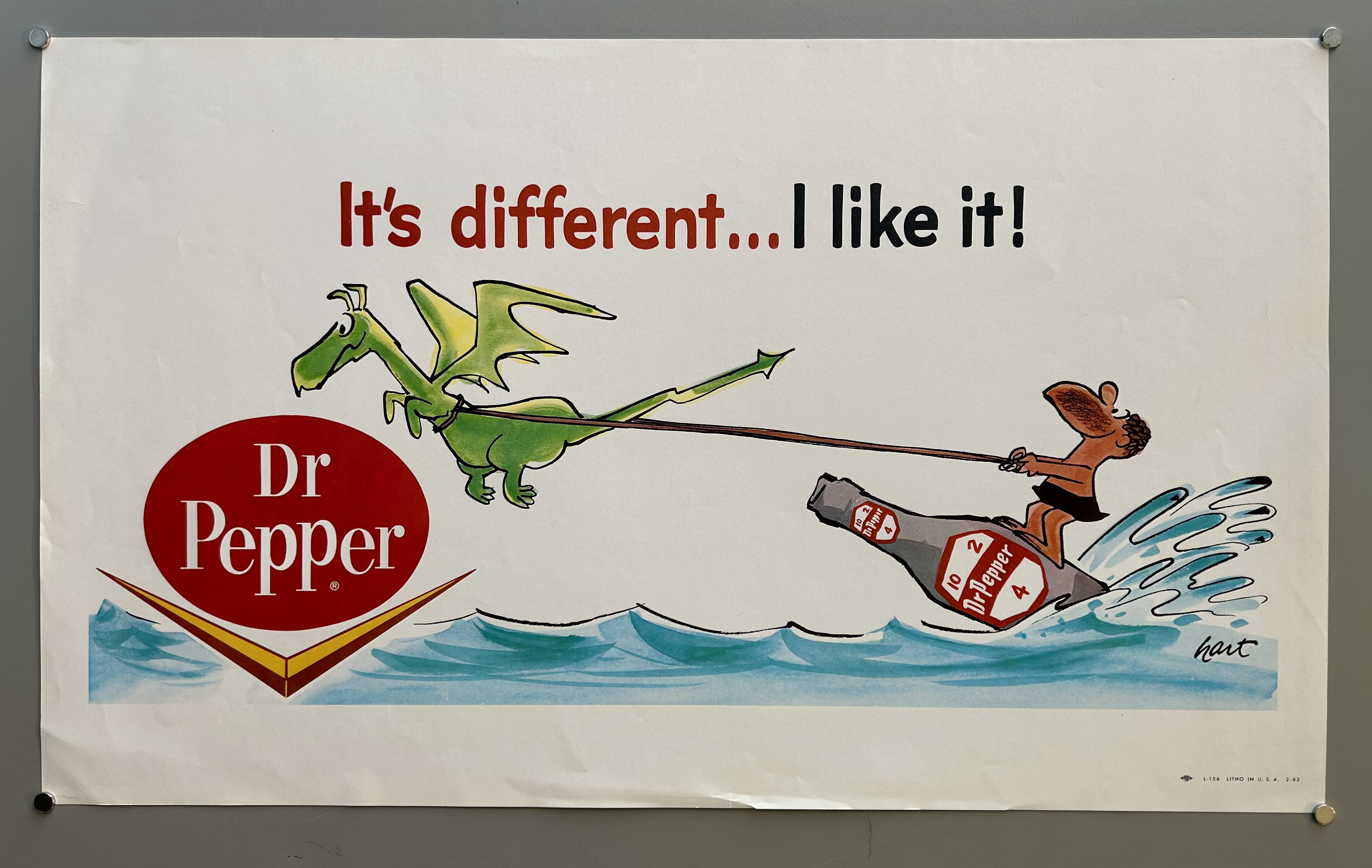 Dr. Pepper soda bottle used as a water ski in retro advertisement.