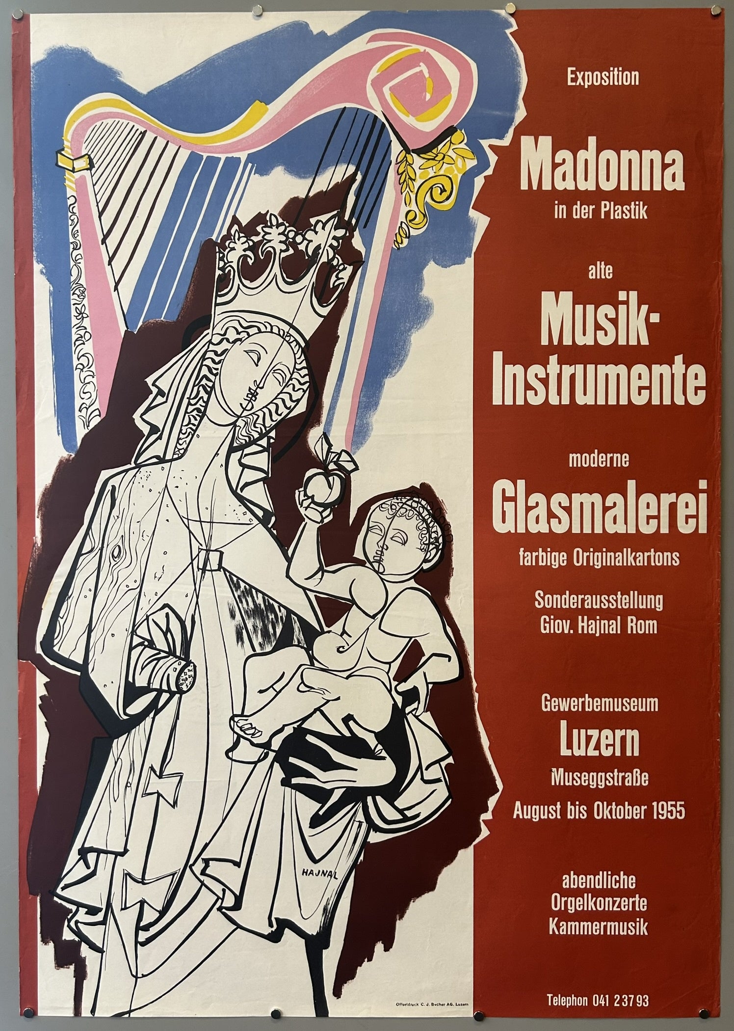 This poster is an exhibition announcement for the Gewerbemuseum Luzern (Lucerne Museum of Applied Arts) in Switzerland, promoting an exhibition held from August to October 1955.