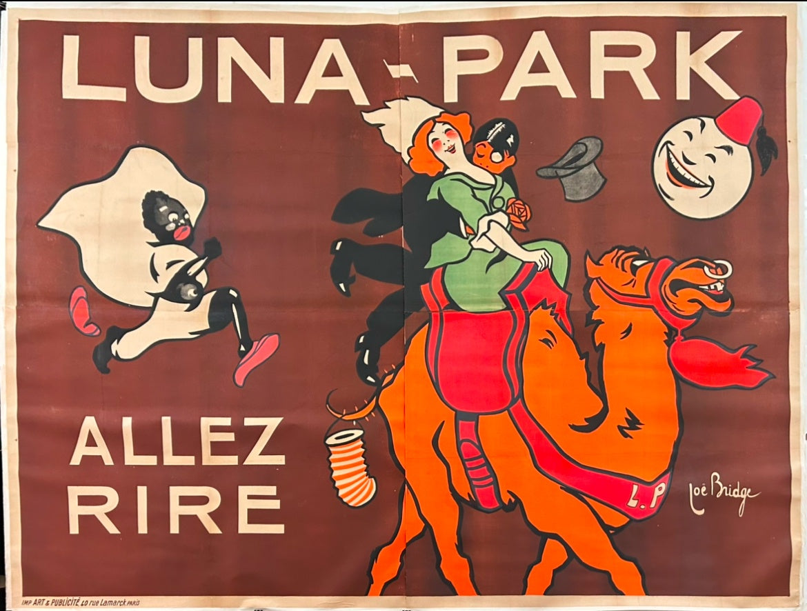 Two people ride on a camel while another chases them in this vintage advertisement from Luna Park.