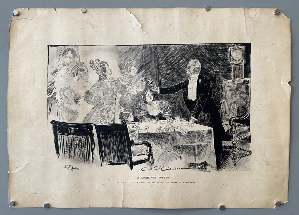 The illustration portrays a social gathering, likely a supper, with finely dressed individuals, characteristic of Gibson's depictions of society at the turn of the 20th century