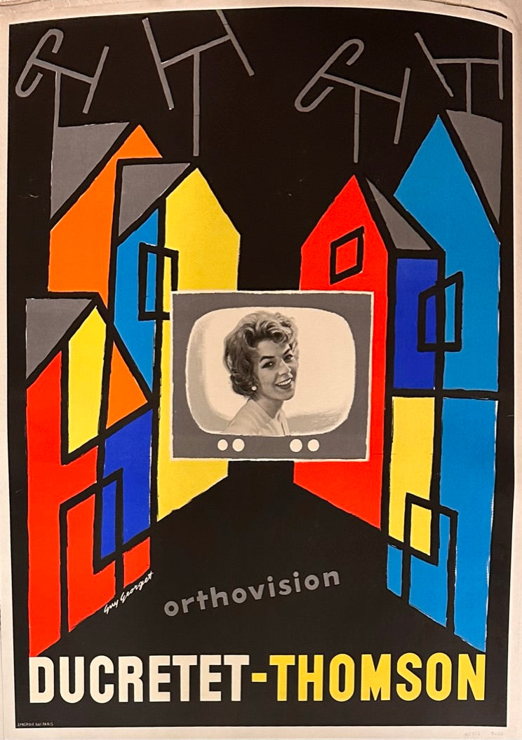 Woman inside a television set against a backdrop of colorful buildings