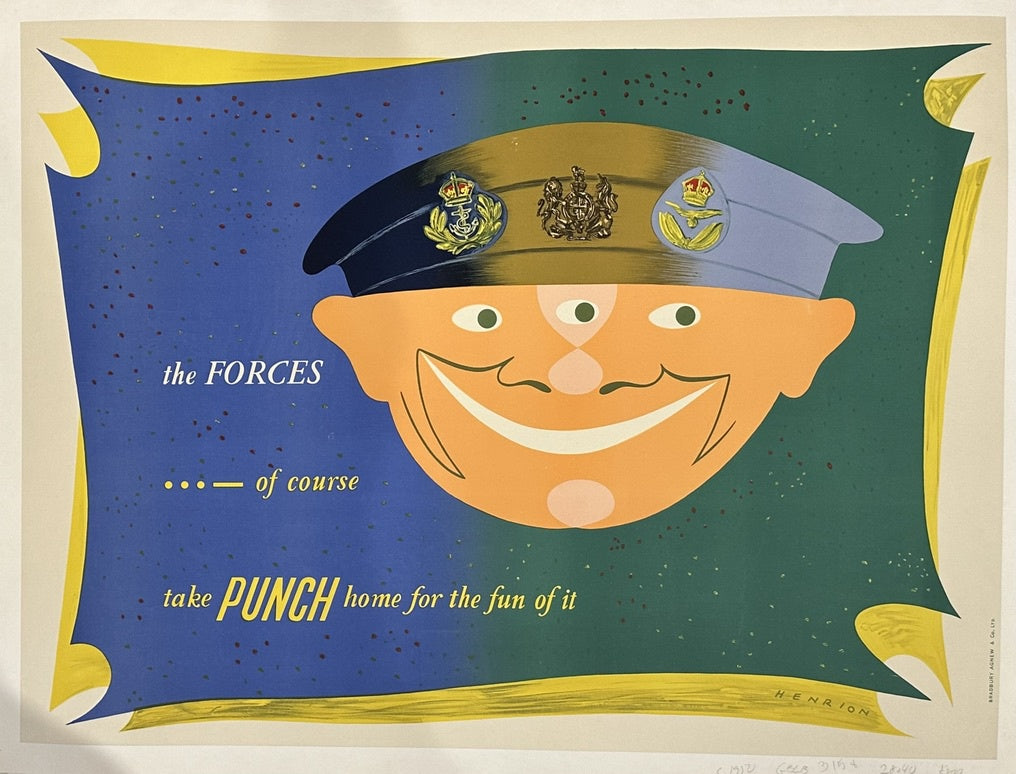 The poster advertises Punch Magazine, a popular British humor magazine, specifically targeting "the Forces" (military personnel) with the slogan "take PUNCH home for the fun of it".