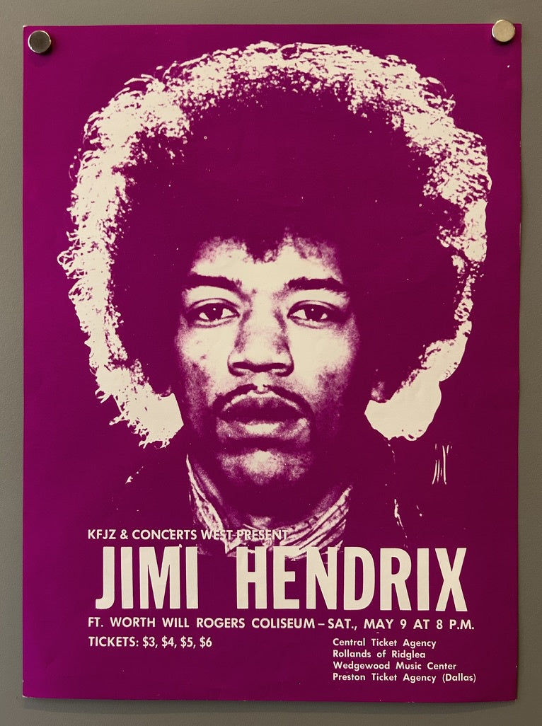 A concert poster featuring a black and white portrait of Jimi Hendrix with a large afro against a solid purple background. Text on the poster reads: "KFJZ & CONCERTS WEST PRESENT JIMI HENDRIX FT. WORTH WILL ROGERS COLISEUM