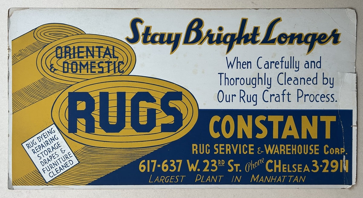 Advertisement for Constant Rug Service & Warehouse Corp. featuring the text "Stay Bright Longer When Carefully and Thoroughly Cleaned by Our Rug Craft Process." The ad also mentions "RUGS" (Oriental & Domestic)