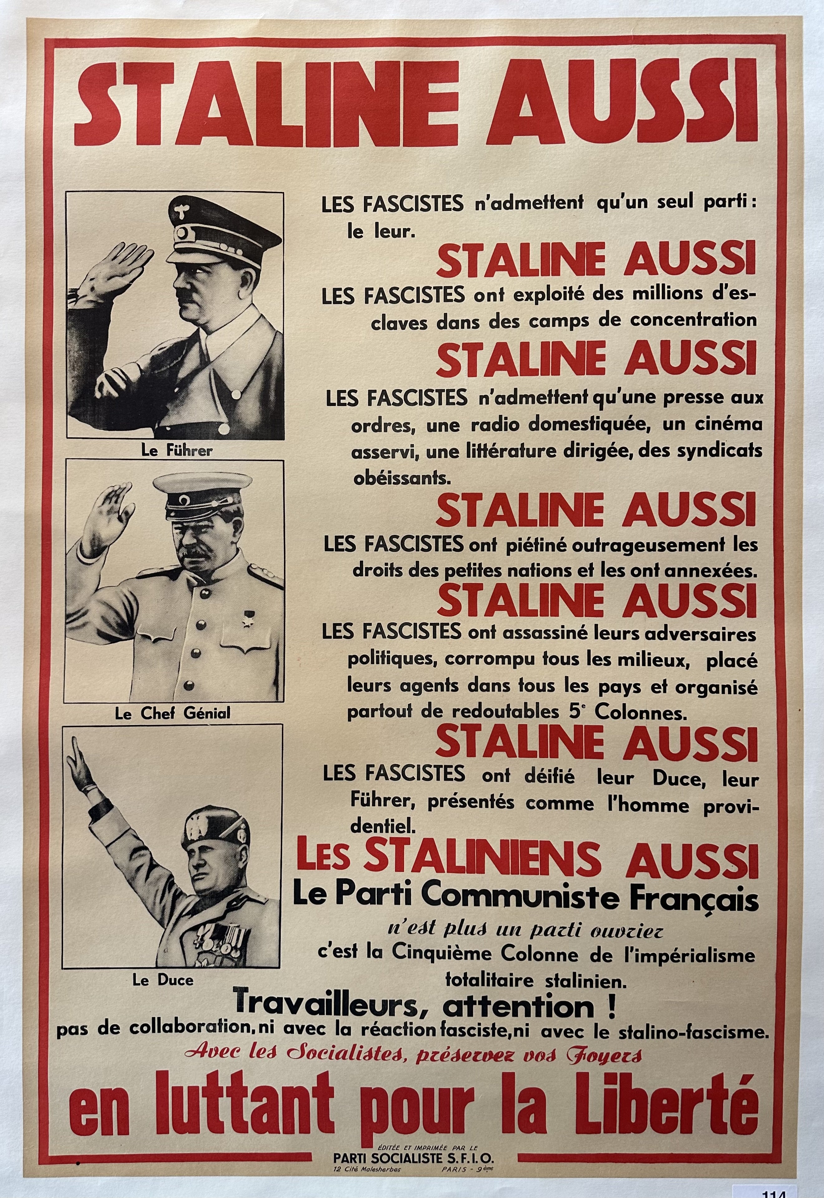 A French Socialist Party poster from the mid-20th century titled "STALINE AUSSI" (Stalin too). It lists fascist attributes, stating that Stalin shares them, and warns workers against collaborating with either fascists or Stalinists.