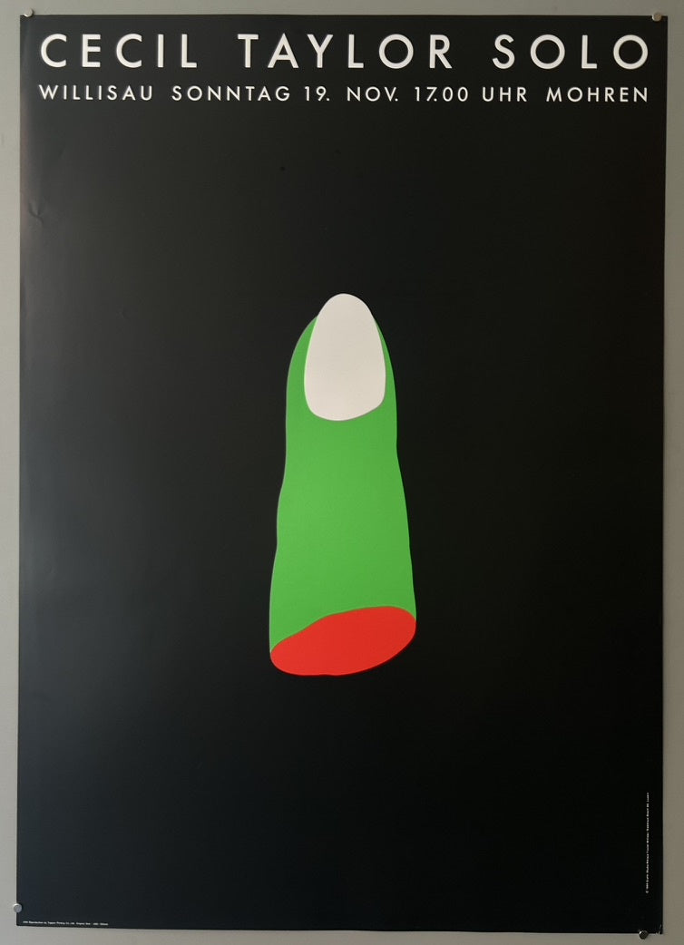 This poster is an original vintage silkscreen poster from 1989 for a concert by American jazz pianist and poet Cecil Taylor at the Willisau Jazz Festival in Switzerland