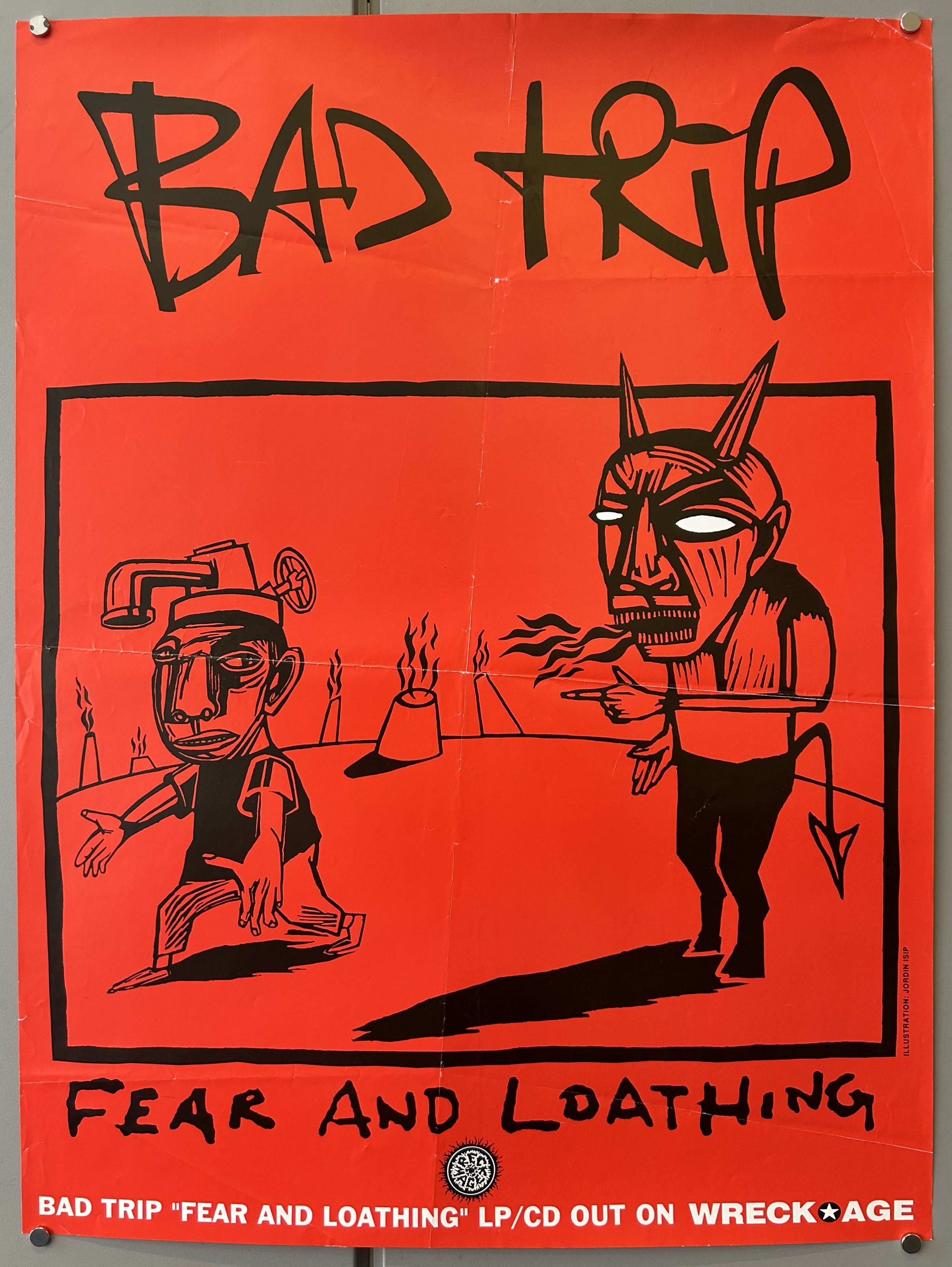 Poster for Bad Trip's new CD featuring red design of devil and small man with faucet for head.