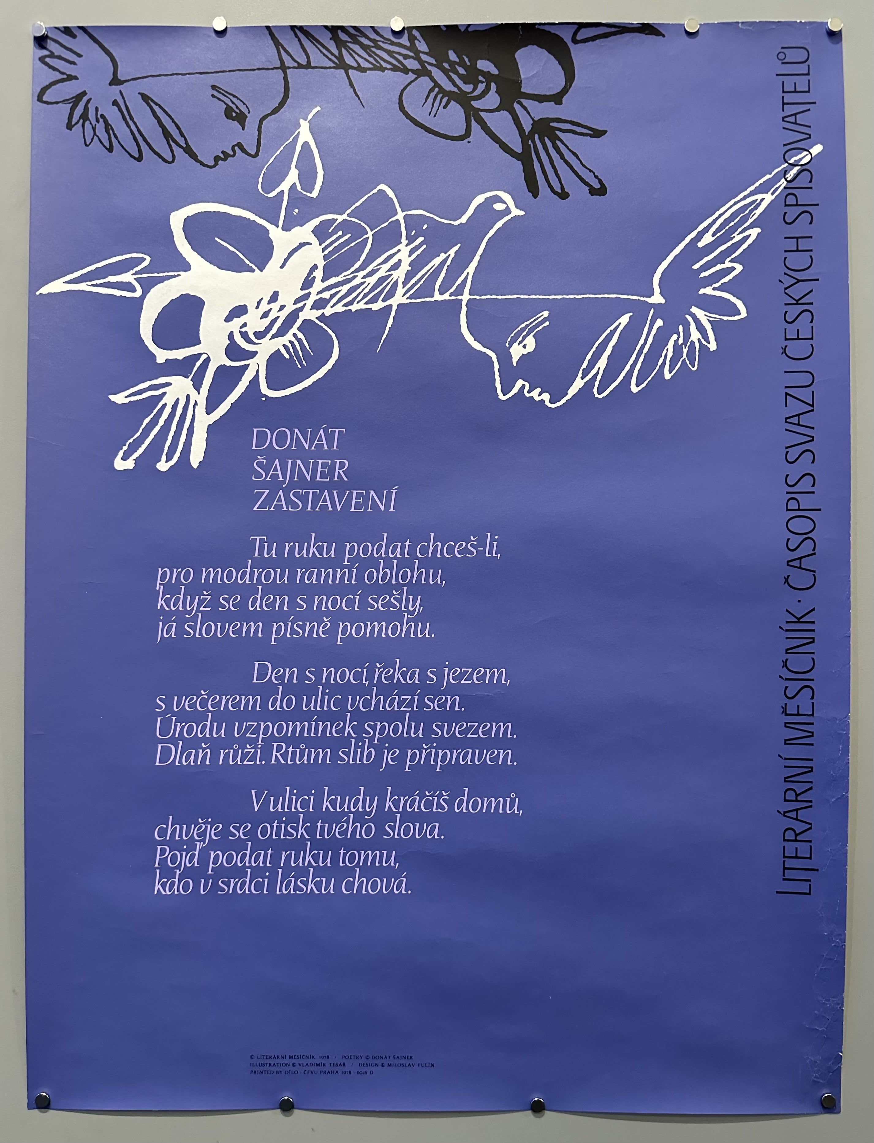 A vintage poster featuring a poem by Donat Sajner titled "Zastaveni" (translated as "Stopping").