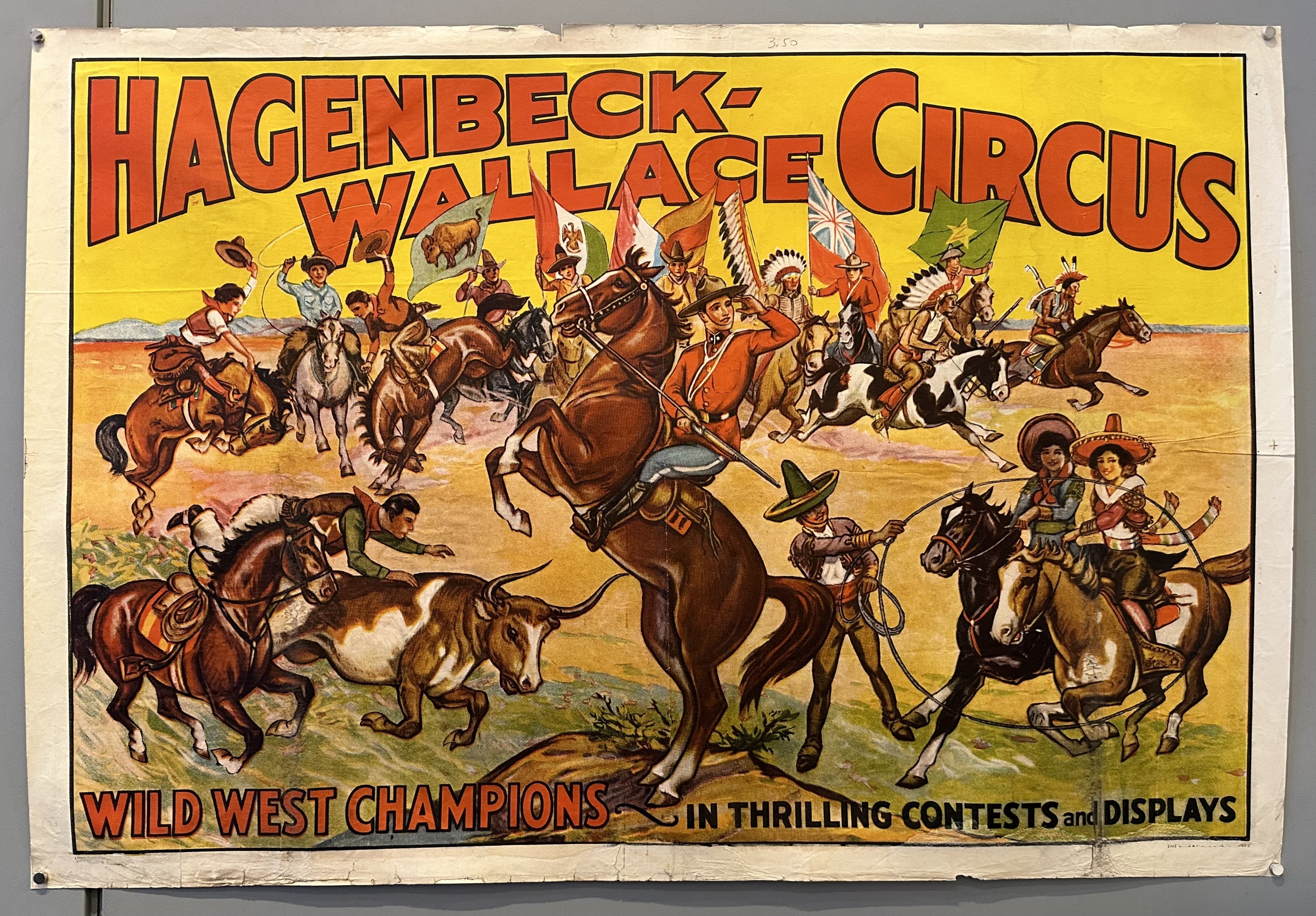 A vintage poster for the Hagenbeck-Wallace Circus featuring "Wild West Champions in Thrilling Contests and Displays." It depicts cowboys and cowgirls on horseback, engaging in various rodeo activities.