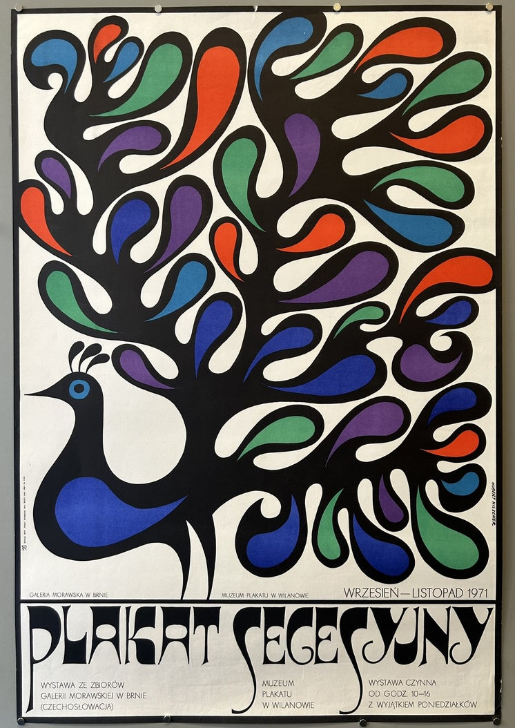 This date is clearly indicated on the poster itself, which states "WRZESIEN-LISTOPAD 1971," translating to "September-November 1971". This poster, designed by Hubert Hilscher, advertised an Art Nouveau exhibition at the Poster Museum in Wilanów, Poland, during that period.