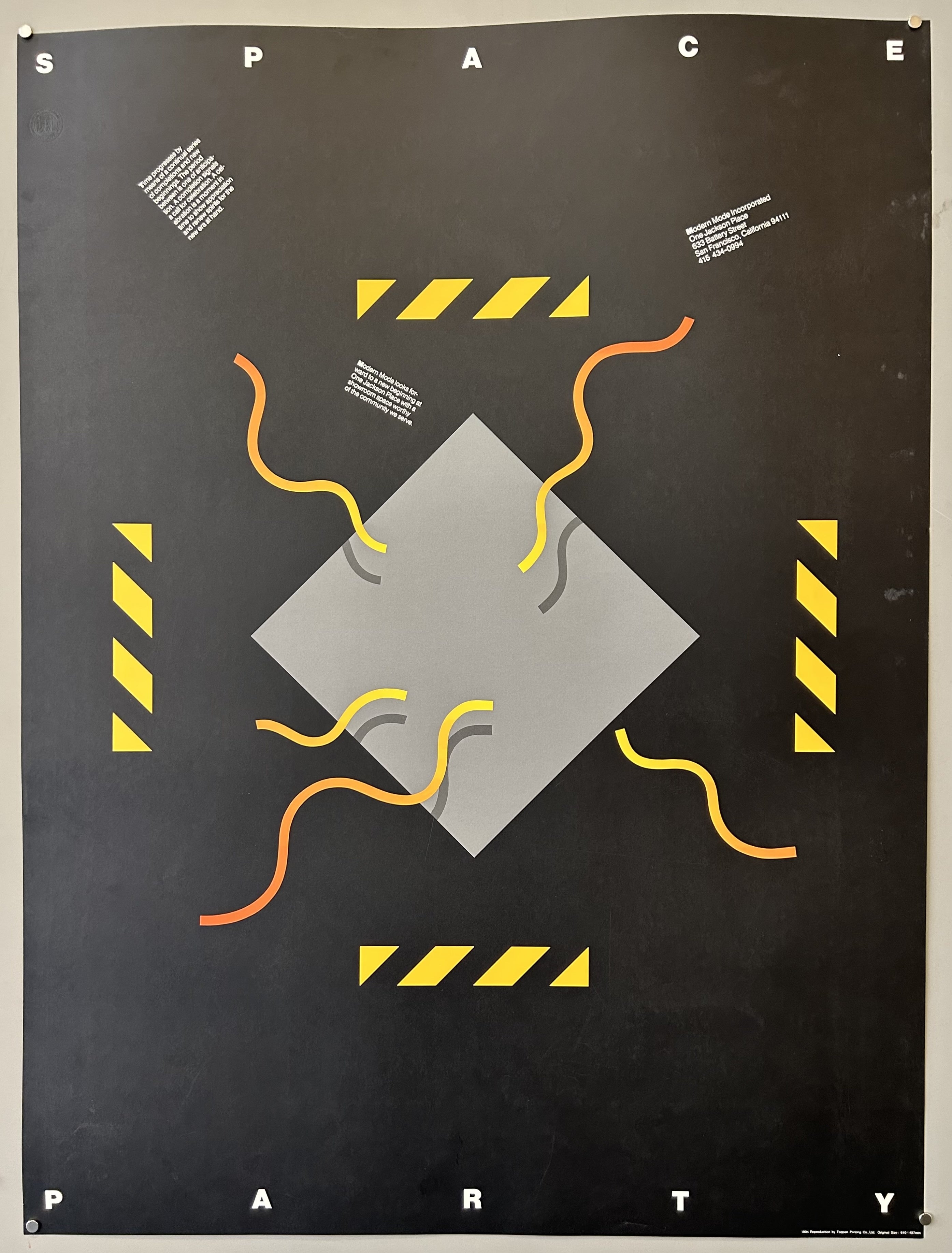 Abstract geometric design of yellow squiggly lines in grey square against black background.