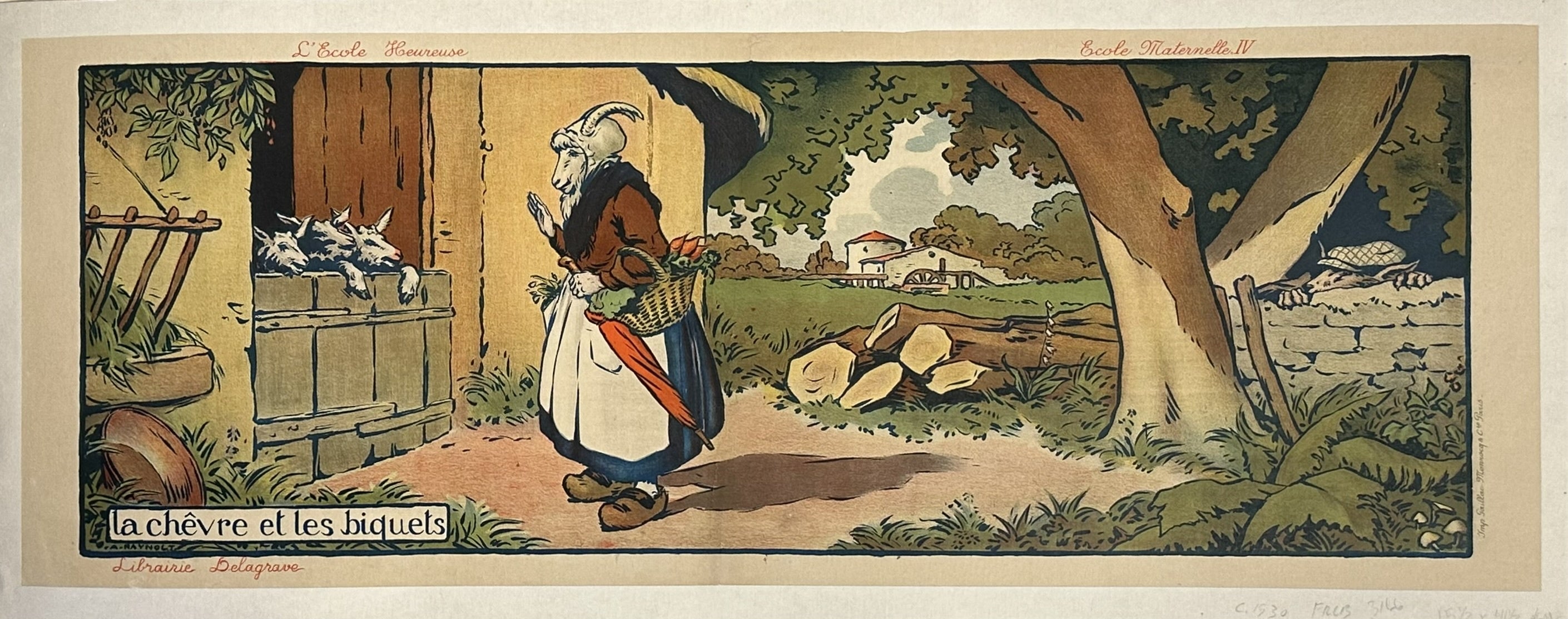 The poster features the title "La Chèvre et les Biquets" and includes text indicating "L'Ecole Haurouse" and "Ecole Maternelles," suggesting its use in French schools, likely kindergartens or primary schools.