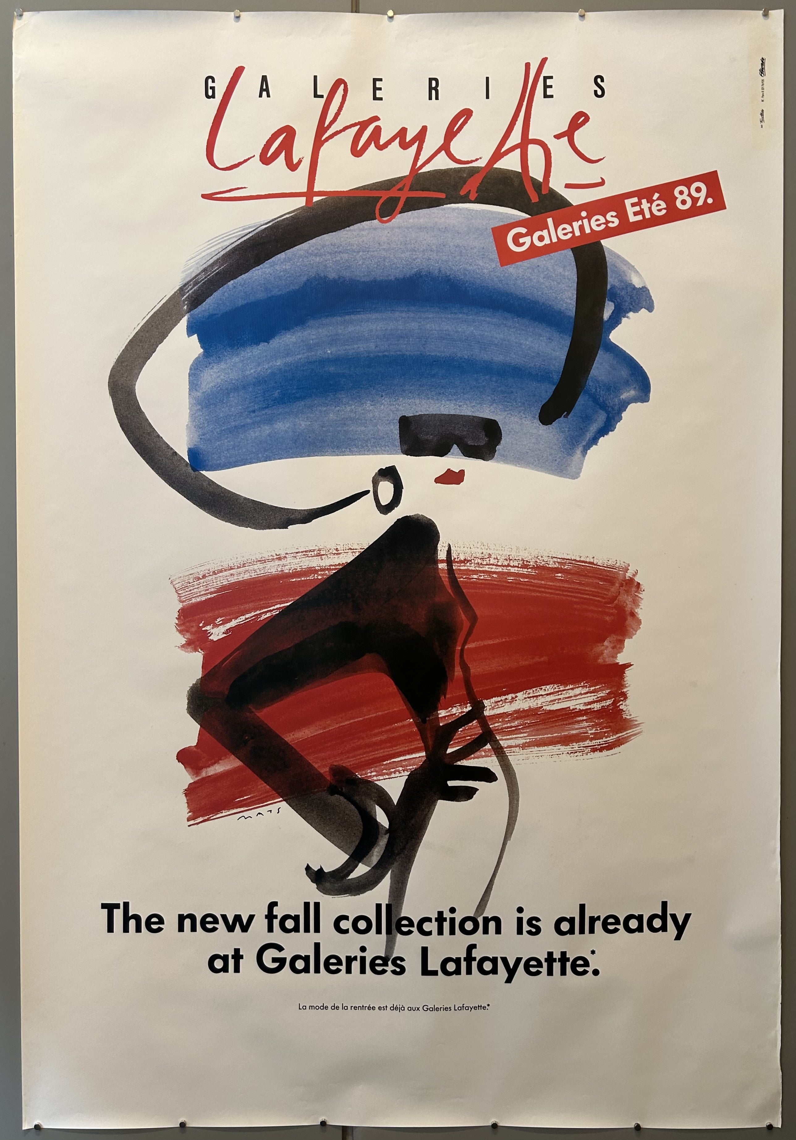 The poster celebrates the preview of new fashion collections, specifically mentioning "Galeries Été 89" (Summer 1989) and announcing the upcoming fall collection.