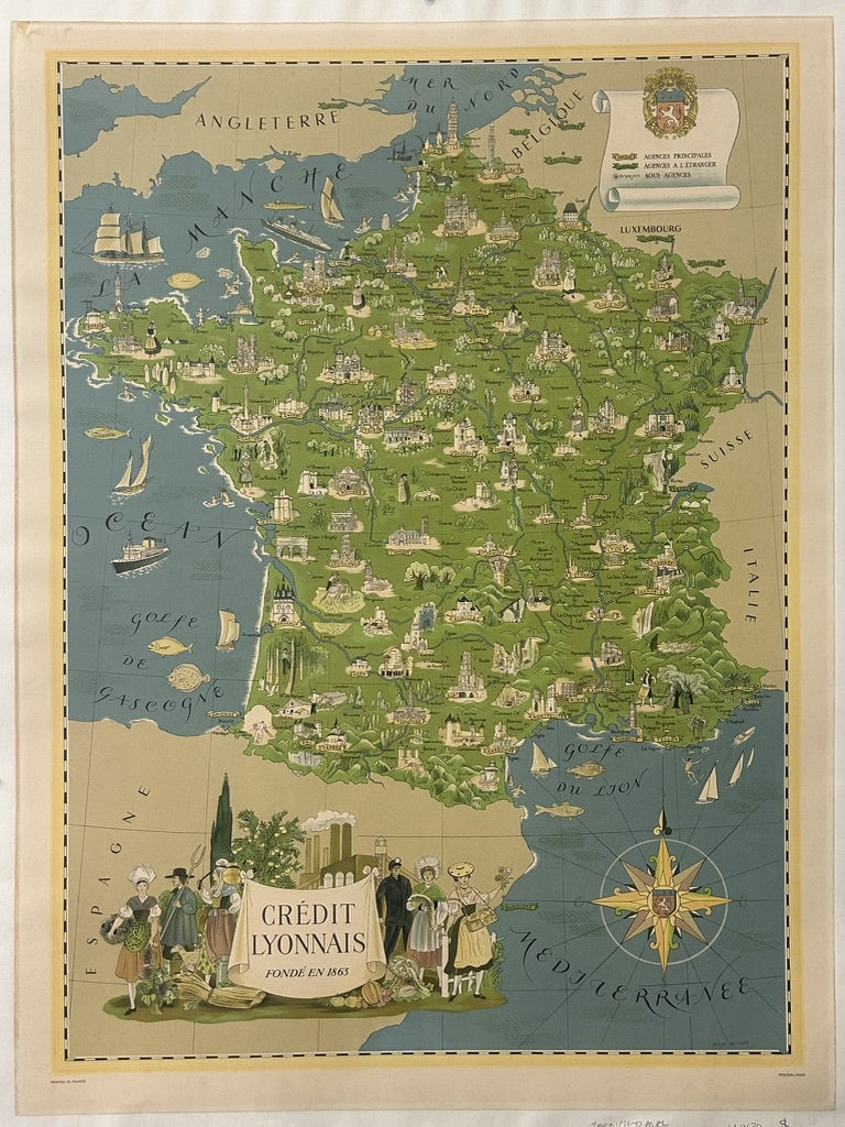 It depicts a map of France, highlighting various locations, possibly indicating the bank's branches or areas of economic significance.
