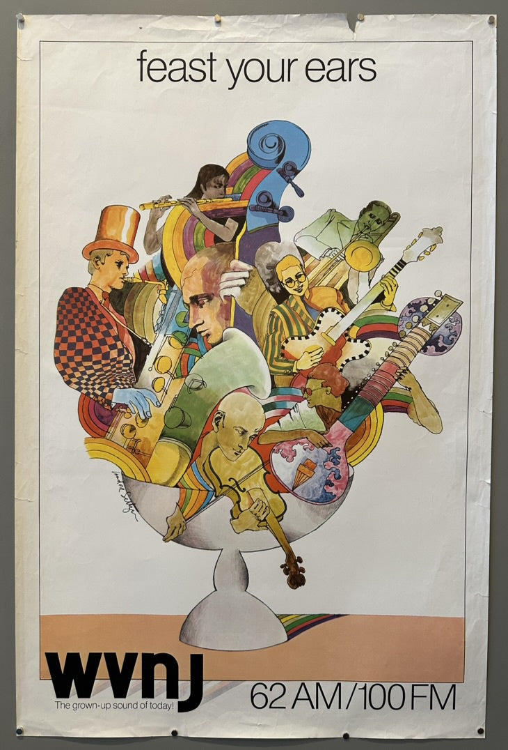 It features a colorful, psychedelic-inspired design with various musicians and instruments arranged in a chalice shape, with the tagline "feast your ears." The poster promotes the station as "the grown-up sound of today."