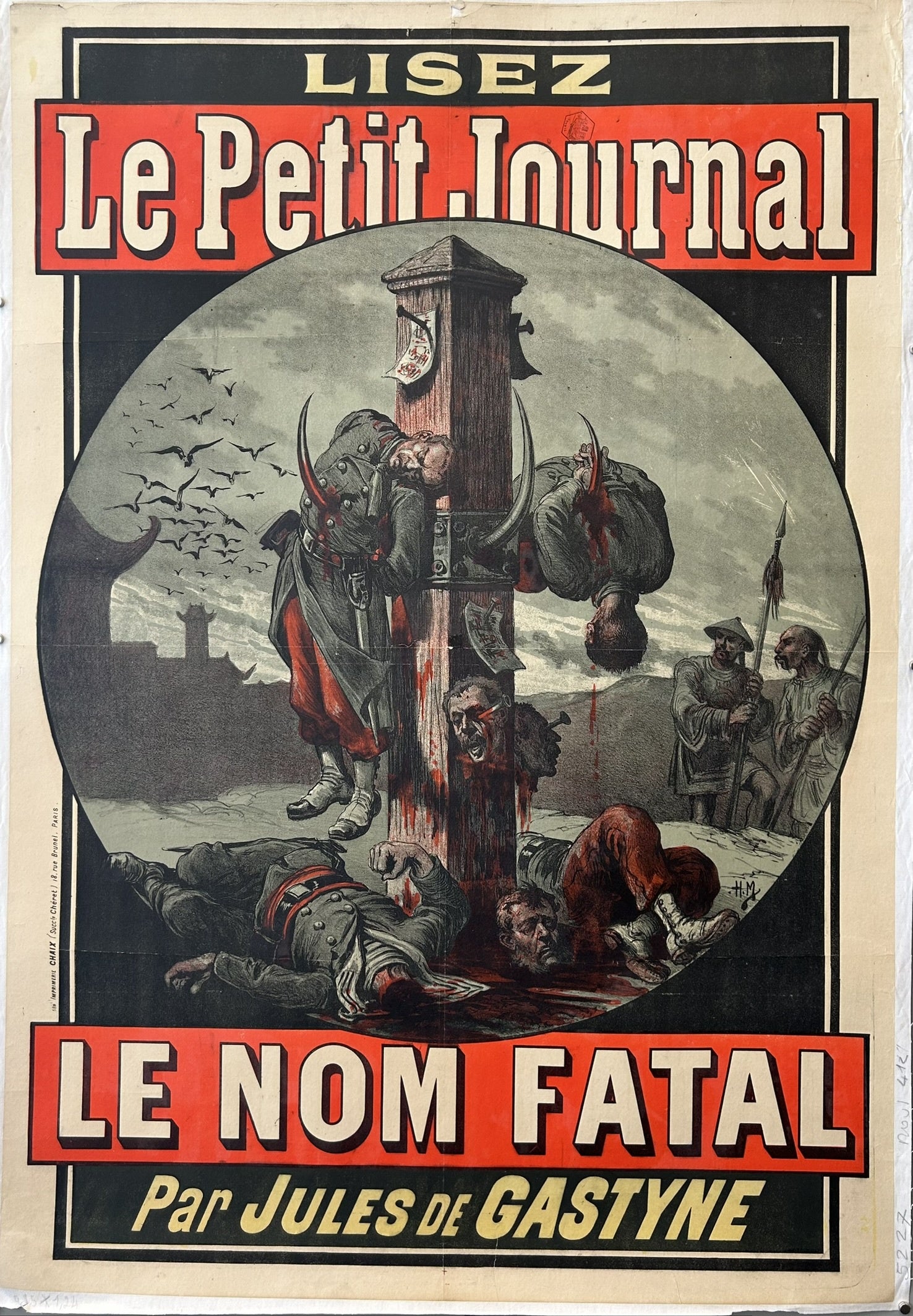 The poster depicts a grim scene with decapitated heads, suggesting a violent and dramatic narrative within the novel.