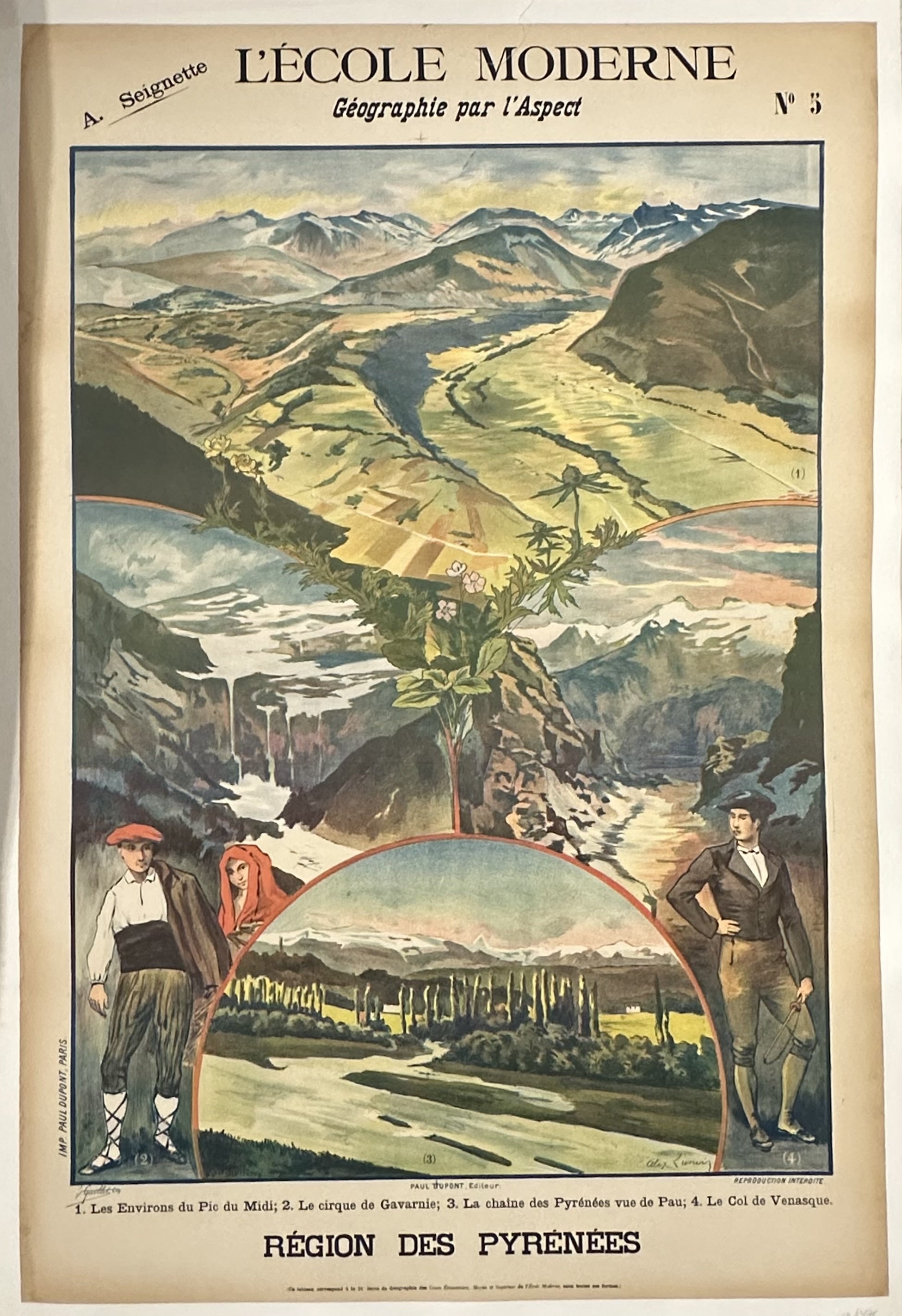 Various scenes of the French alps are painted in this poster showcasing the Pyrenees region.