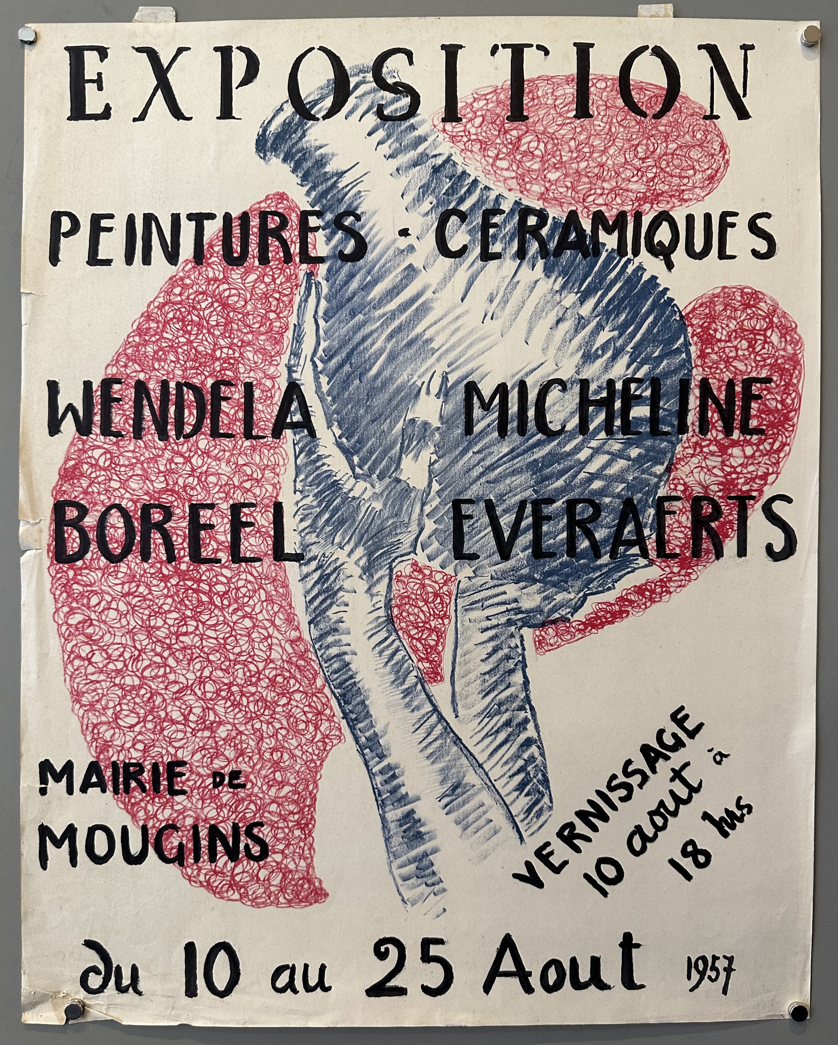 White poster with black text over a red and blue illustration of hands holding a ceramic vase.