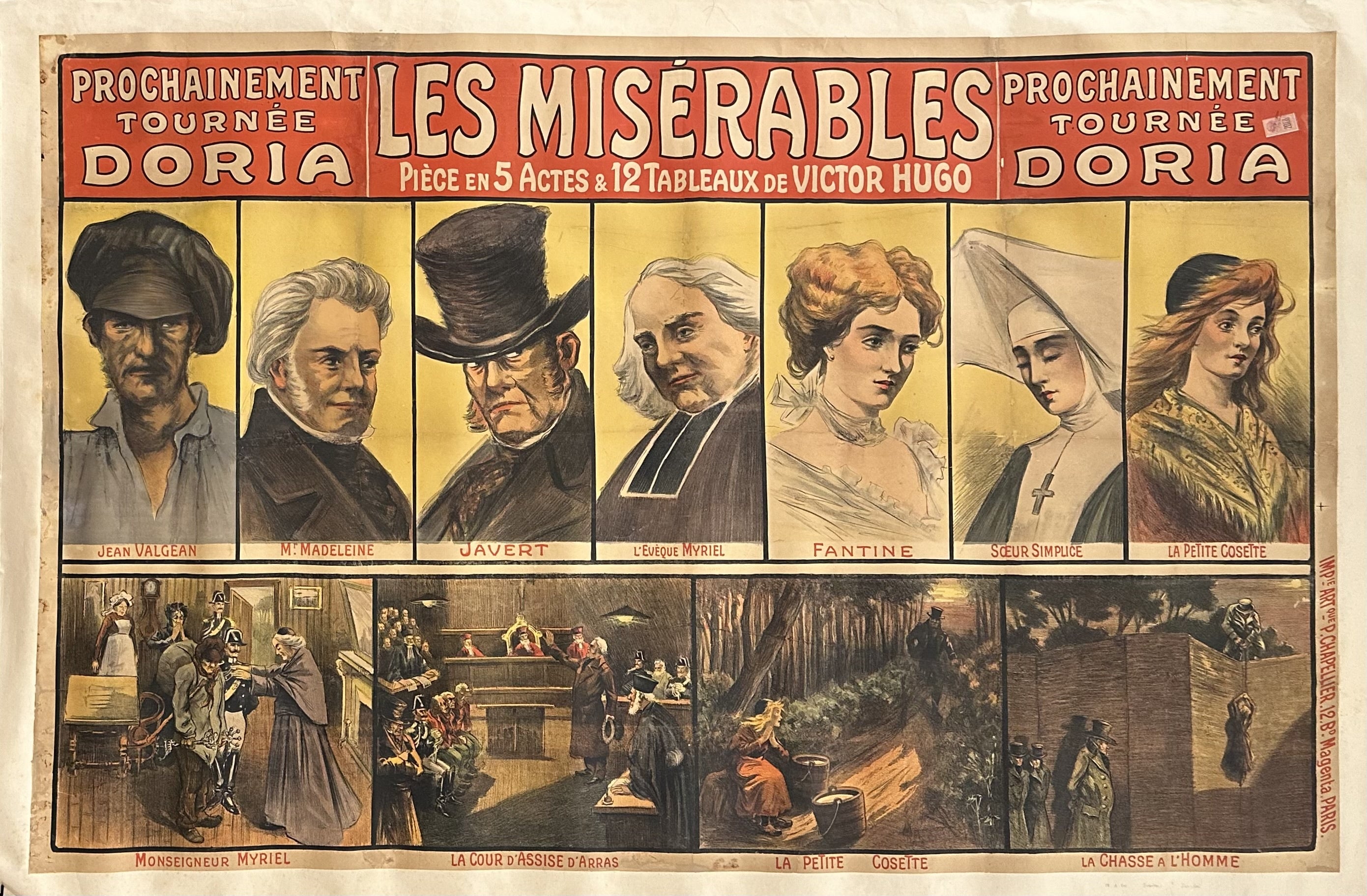 A vintage poster advertising a stage production of 'Les Misérables' by Victor Hugo.