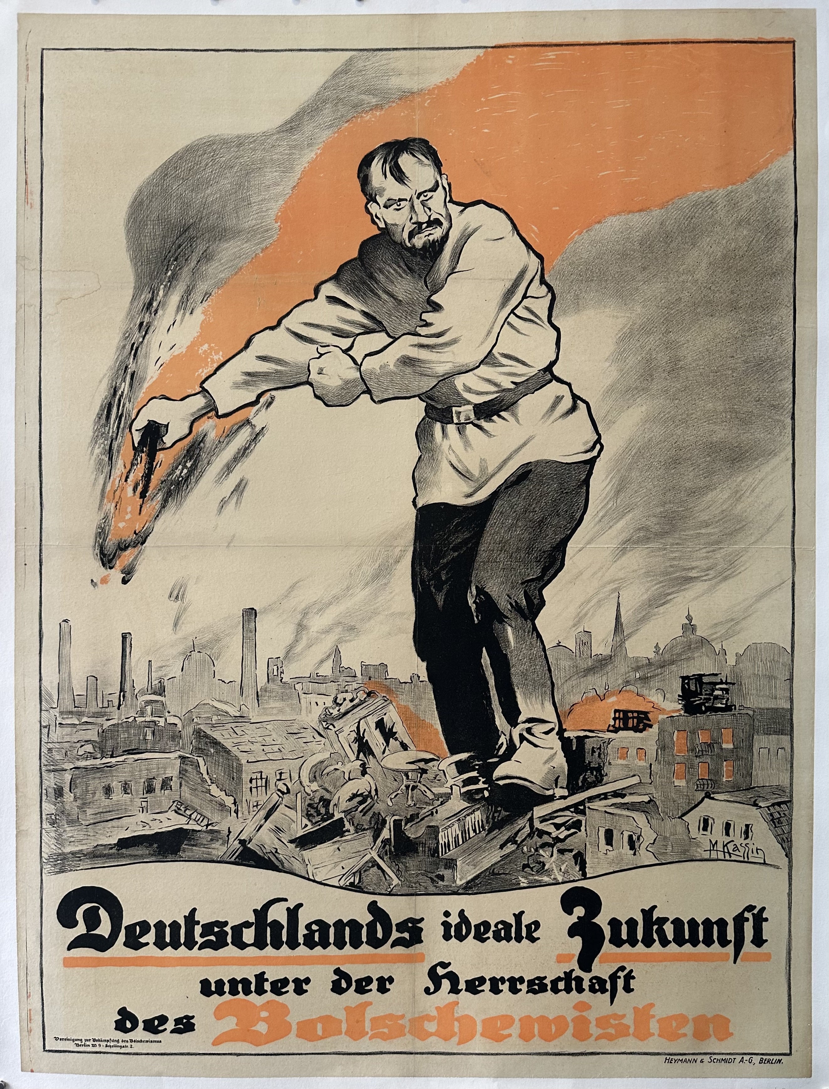 Vintage poster with a man in a white coat and hat, standing on a destroyed cityscape with text in German.