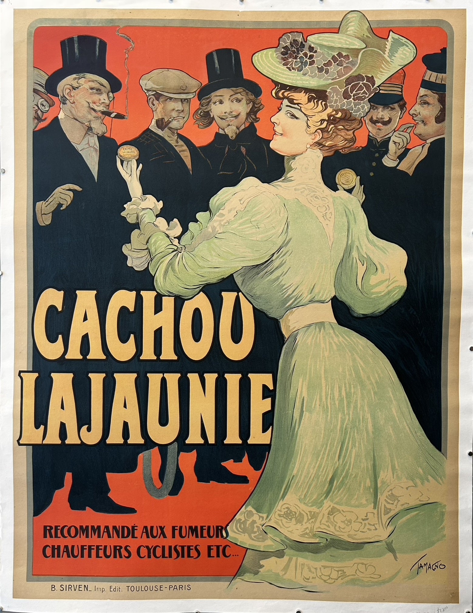 Cachou Lajaunie are small, dark pastilles or breath mints, originally developed in Toulouse, France, around 1880 by pharmacist Léon Lajaunie. They were marketed primarily to freshen the breath, especially for smokers, chauffeurs, and cyclists, as indicated by the text "RECOMMANDÉ AUX FUMEURS CHAUFFEURS CYCLISTES ETC..."