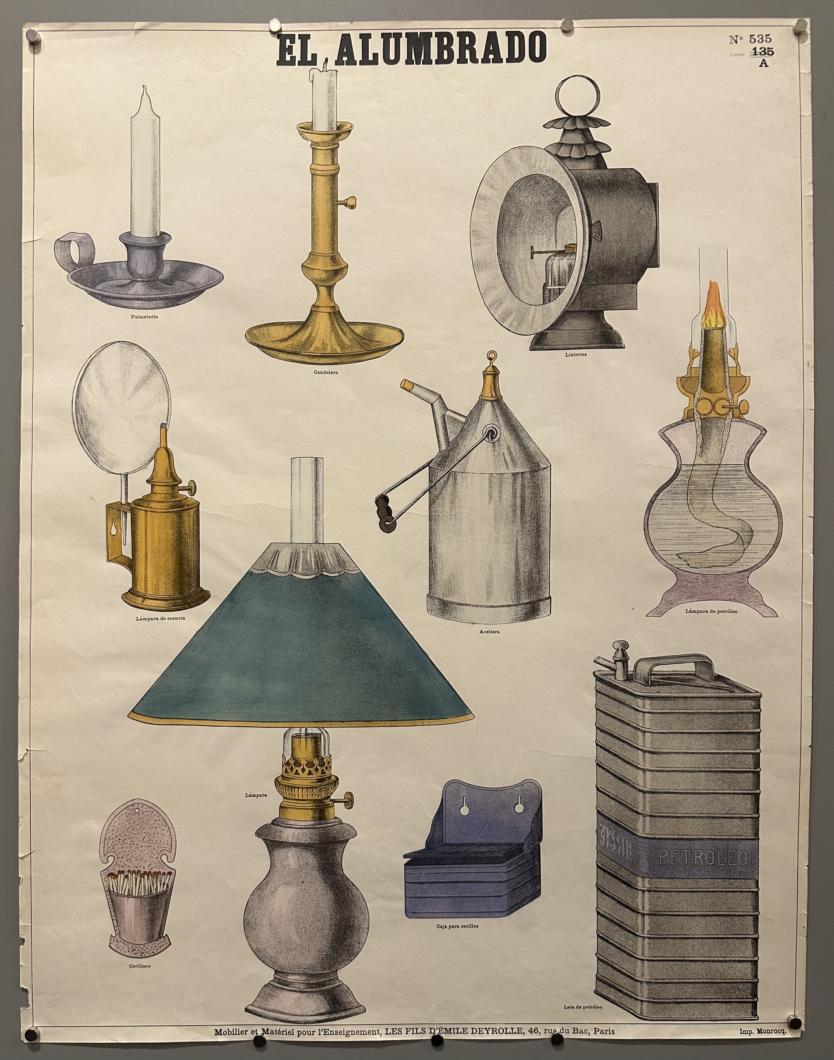 Illustrated standalone types of lighting with Spanish captions to help children learn what they are called.