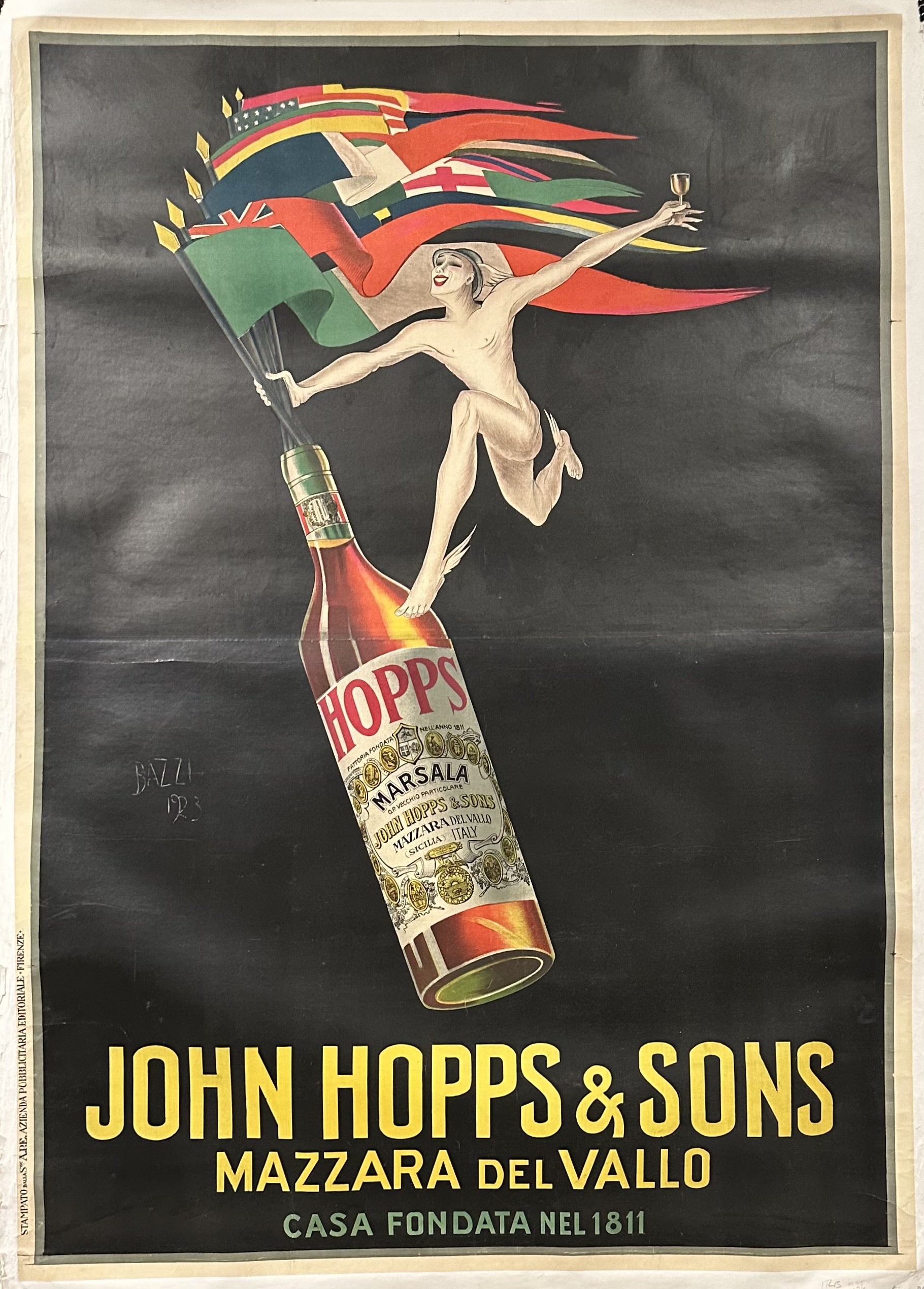 A naked winged man holds out a glass and hangs onto flags coming out of a bottle of Hopps.