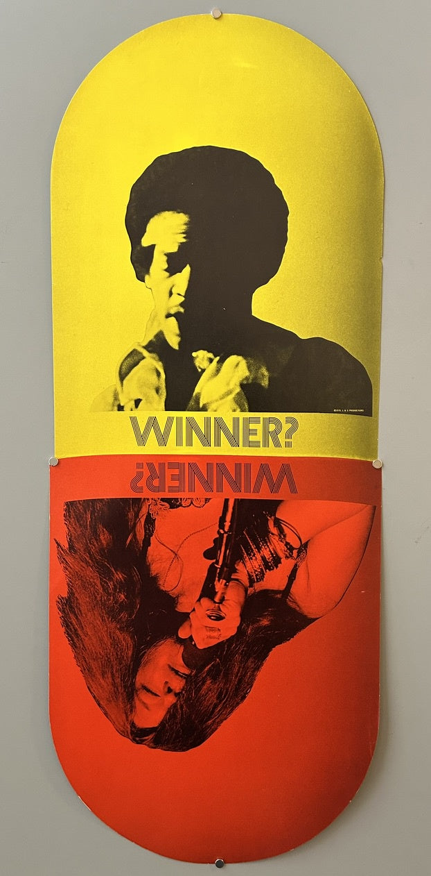 A vintage 1970 die-cut pill-shaped anti-drug poster featuring black and white images of Jimi Hendrix on a yellow background and Janis Joplin on a red background, with the text "WINNER?" printed upside down and right side up on each section respectively