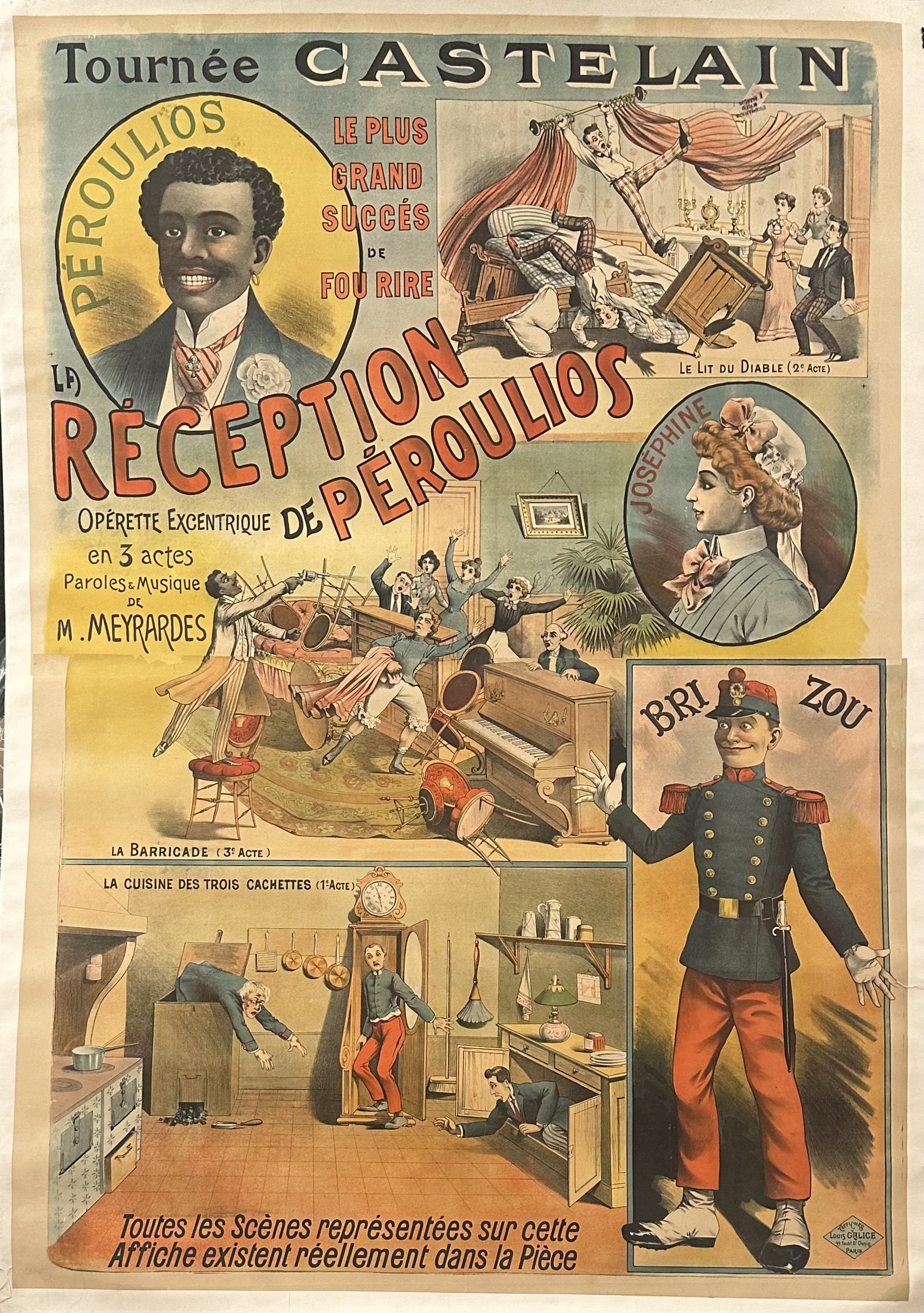 A vintage French opperetta "Reception de Peroulios" featuring colorful illustrations of various scenes and characters from the play.