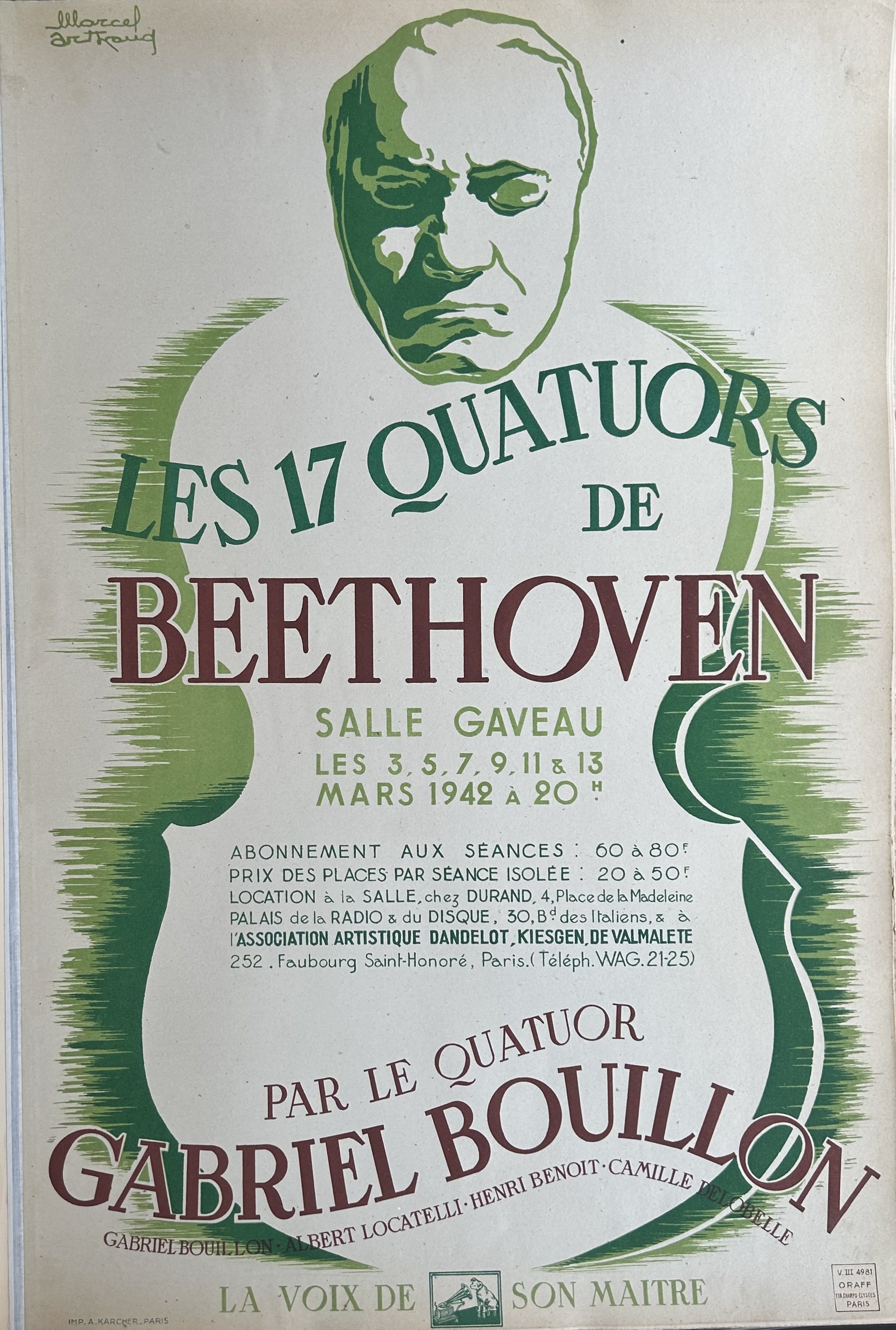 Music poster with green illustration of a guitar and Beethoven's face with green and brown text giving the details of the performance.