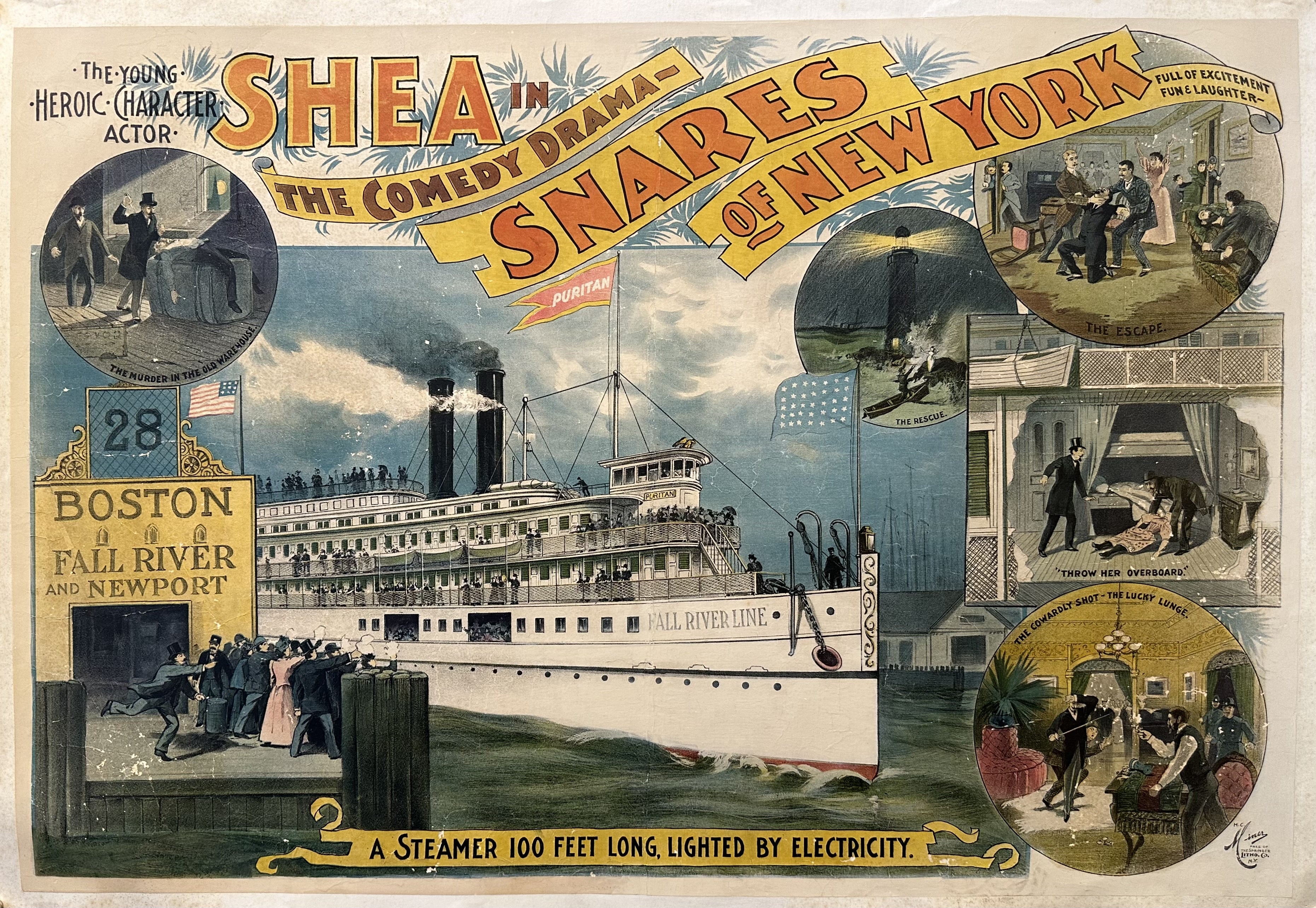 Horizontal poster with orange block text above the 'Fall River Line' steamer to showcase its features.