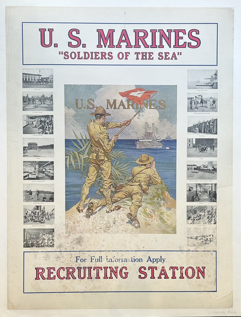 U.S. Marines recruitment poster featuring two Marines signaling ships at sea, surrounded by smaller vignettes of Marine life and the slogan "Soldiers of the Sea".