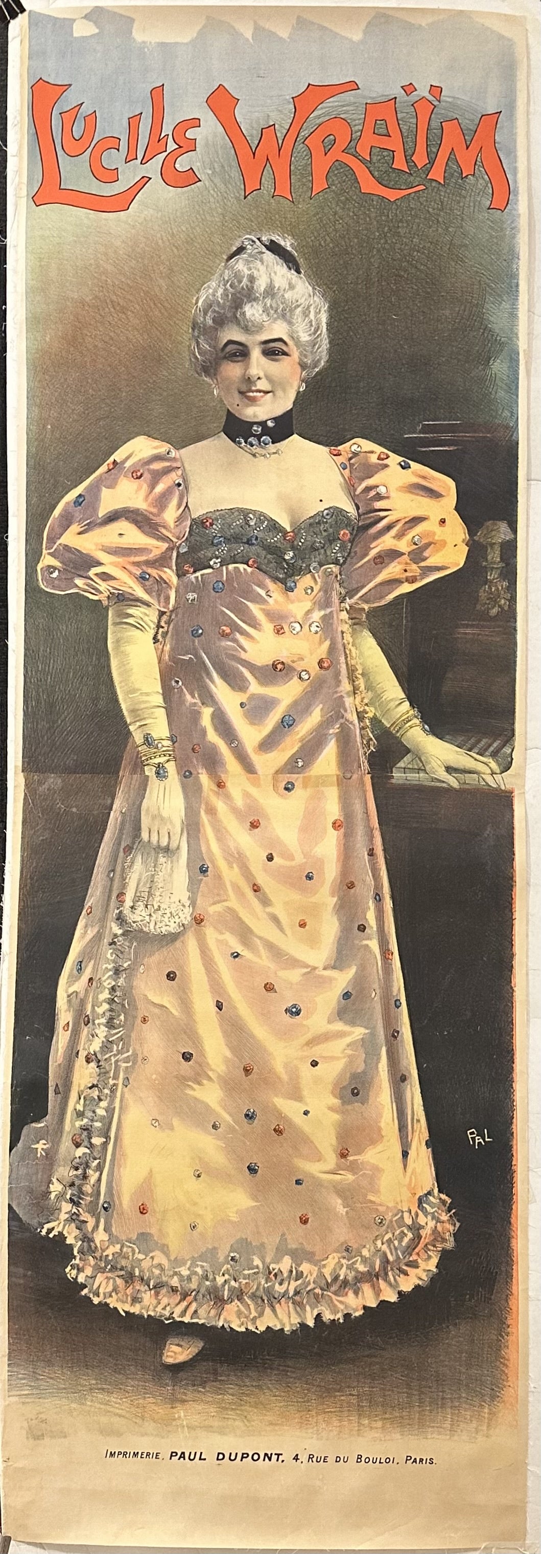 A vintage poster featuring a woman in an elaborate, polka-dotted dress, with the text "Lucile Wraïm" prominently displayed at the top.