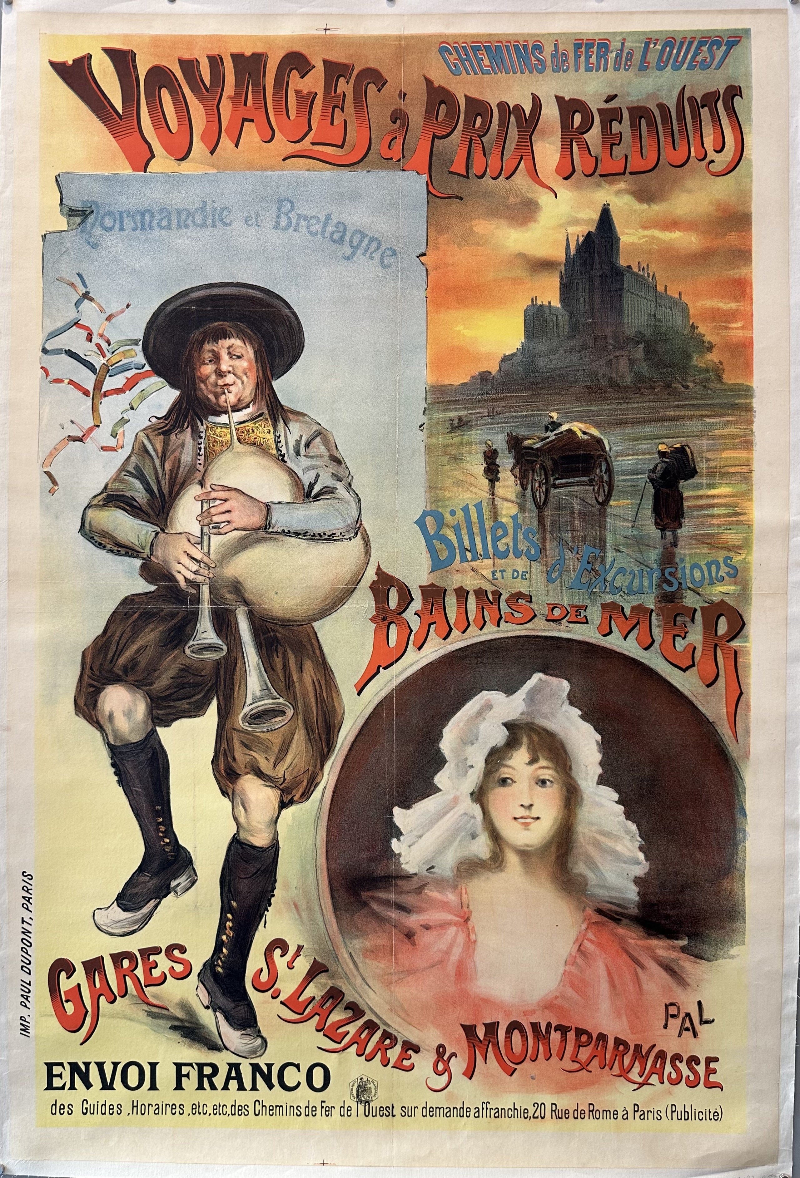 The vintage travel poster features a man playing the bagpipes and a woman in traditional Breton attire, with a picturesque seaside town in the background.