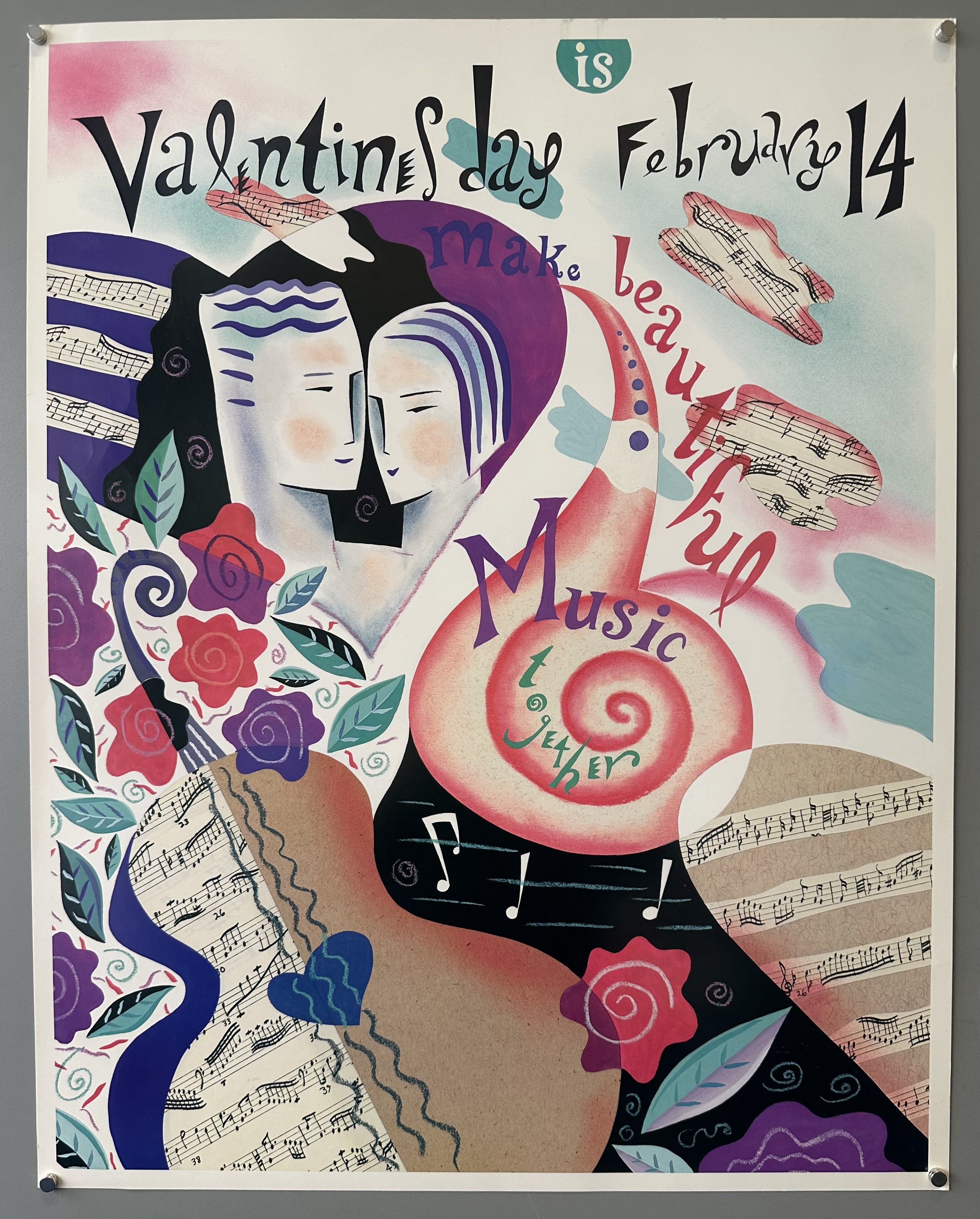 Colorful design of sheet music and music notes with instruments, flowers, and hearts to promote Valentine's Day and music.