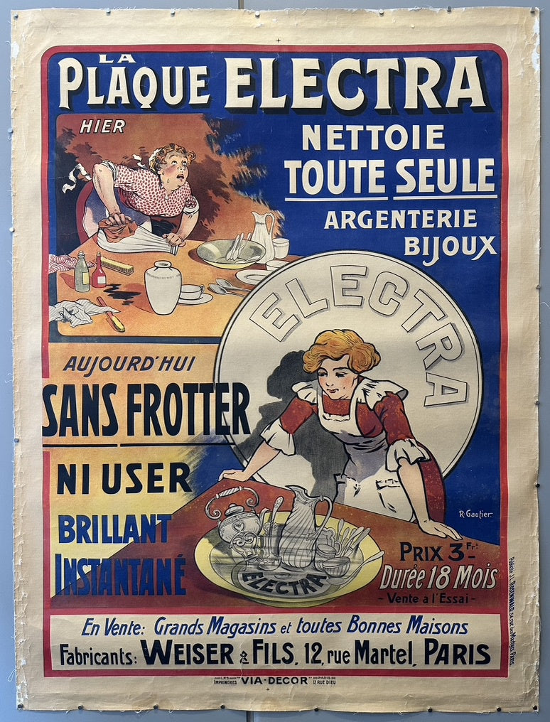 A vintage French advertising poster for 'Plaque Electra' silver and jewelry cleaner, featuring two scenes: 'Hier' (Yesterday) showing a woman laboriously polishing silver, and 'Aujourd'hui' (Today) showing a woman effortlessly cleaning items with 'Plaque Electra' for instant shine without rubbing or wearing down the items
