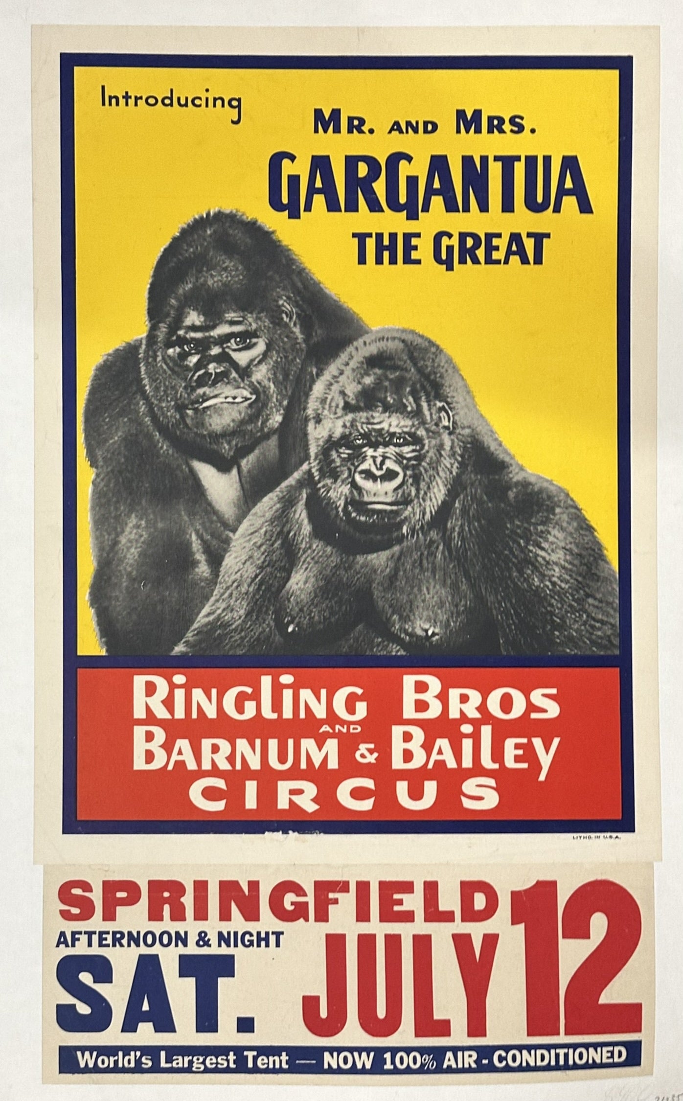 The poster advertises Mr. and Mrs. Gargantua, two gorillas who were prominent attractions for the Ringling Bros. and Barnum & Bailey Circus.