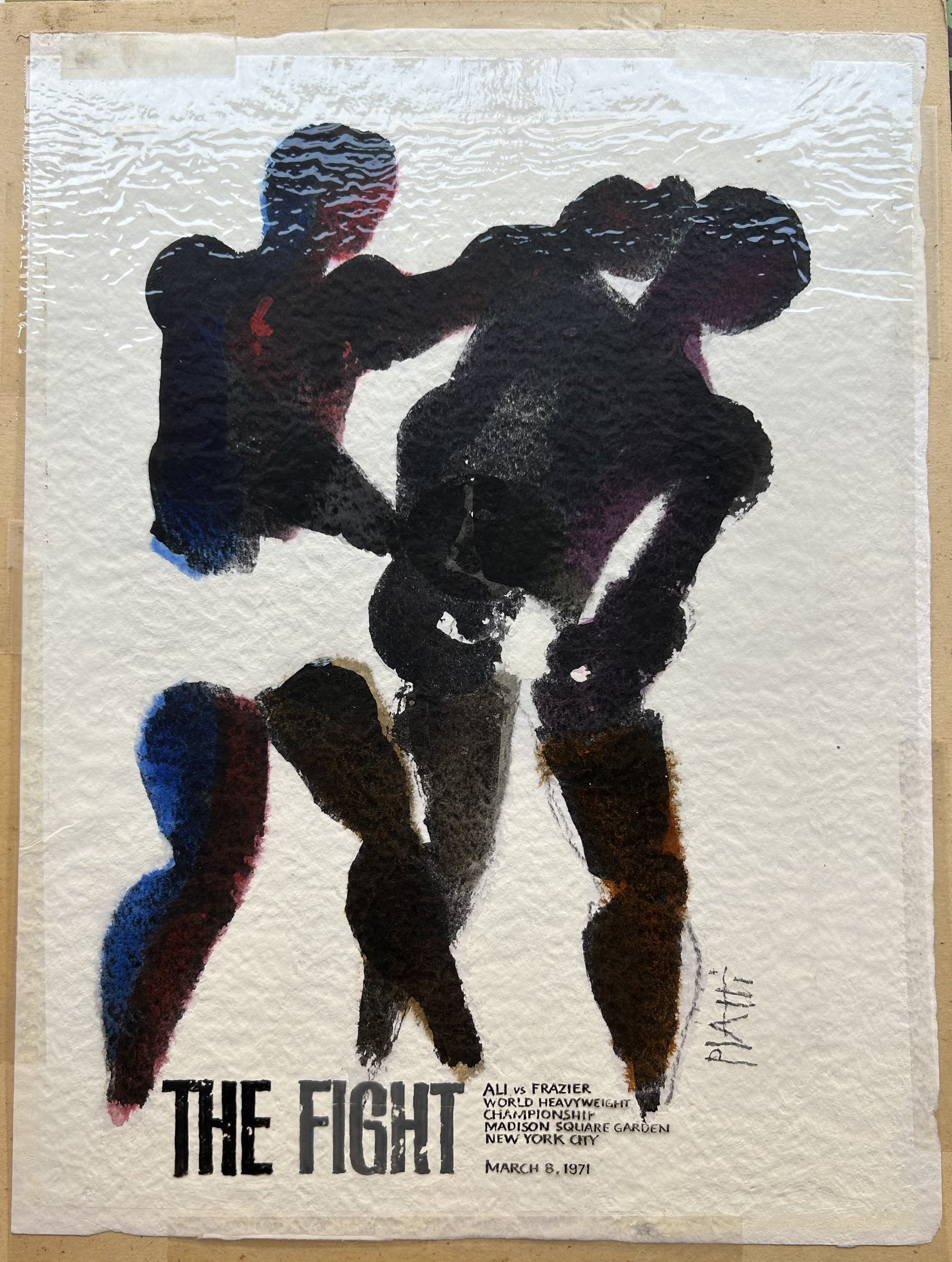 Small original artwork from Piatti for a boxing fight featuring black silhouettes throwing punches at each other.