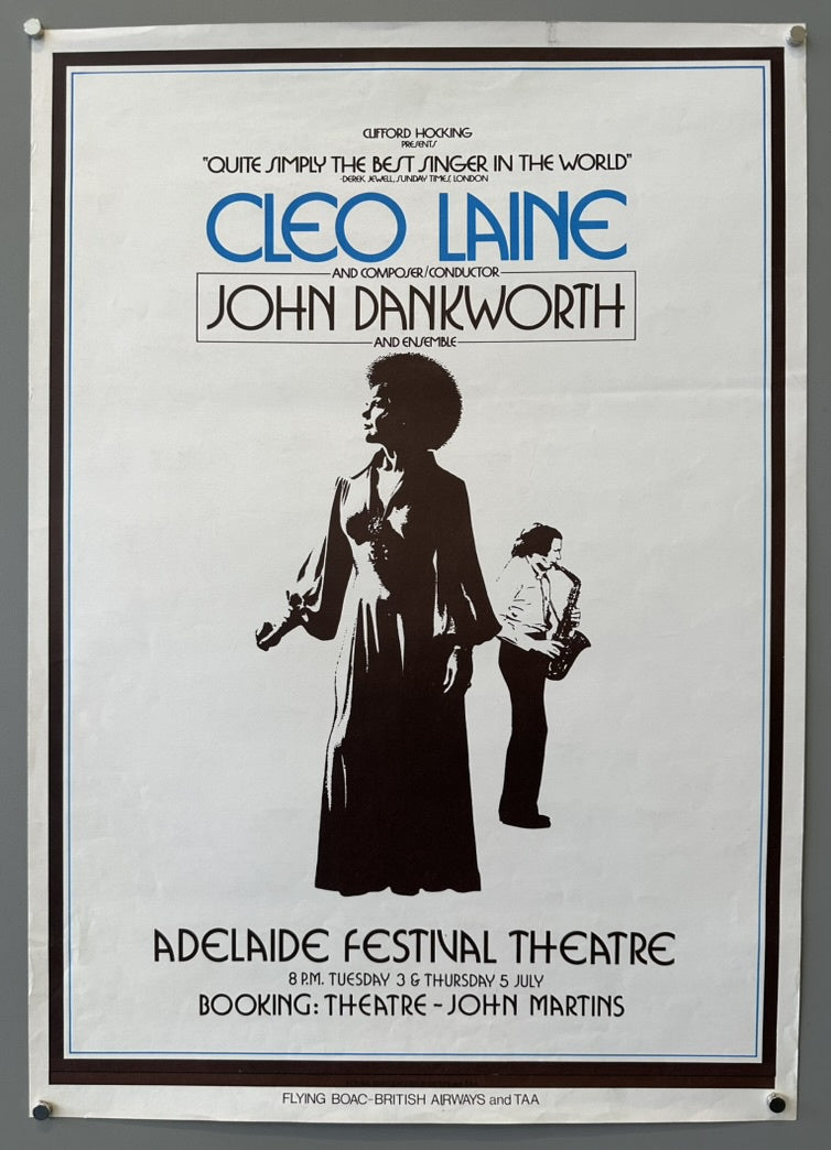 A vintage poster advertising a performance by Cleo Laine and John Dankworth at the Adelaide Festival Theatre. The poster features a large, central image of Cleo Laine in a flowing dress, with a smaller image of John Dankworth playing the saxophone to her right