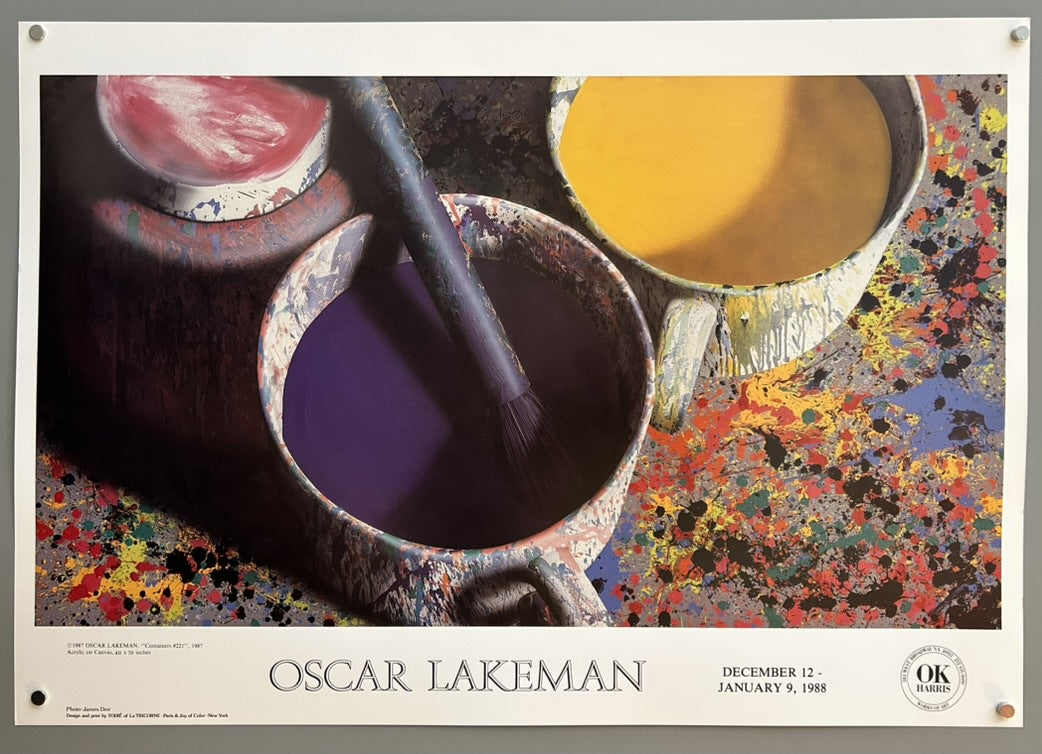 An art poster featuring a still life of three paint containers—one red, one purple with a paintbrush resting in it, and one yellow—all set against a backdrop of colorful paint splatters. The poster advertises an "OSCAR LAKEMAN" exhibition from "DECEMBER 12 - JANUARY 9, 1988" at "OK HARRIS".