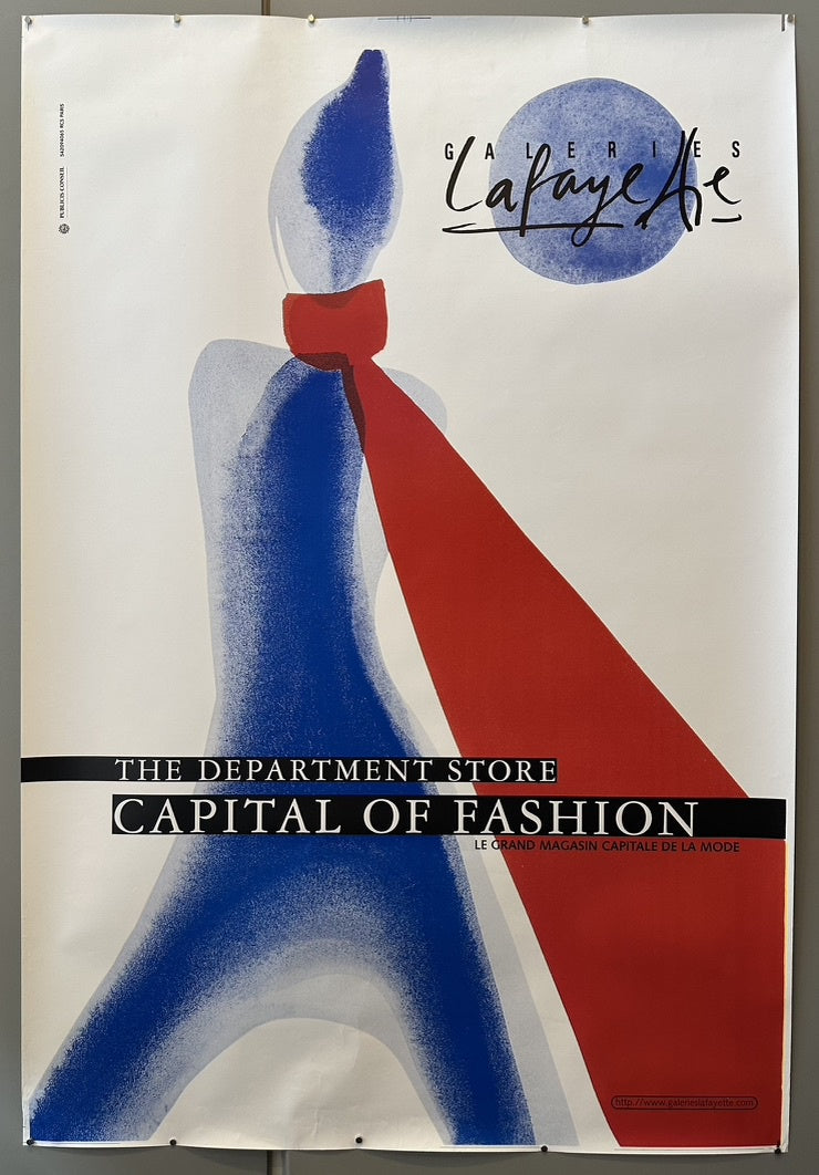 the poster features a minimalist silhouette that resembles the Eiffel Tower, also interpreted as a figure wearing a red scarf, utilizing the colors of the French flag (blue, white, and red).