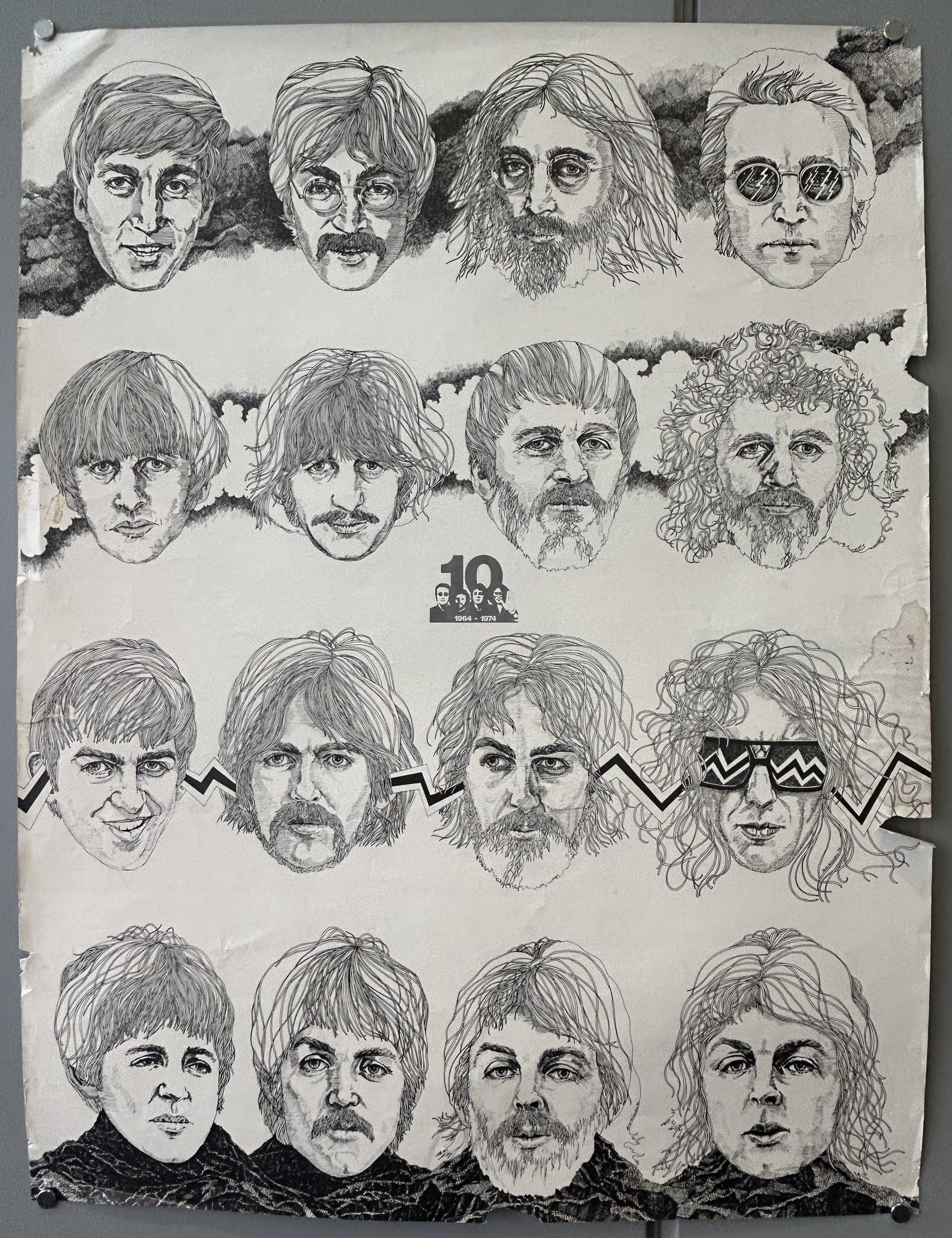 Each member of The Beatles is illustrated four times to signify how time has passed wihtin the 10 years of their band forming.