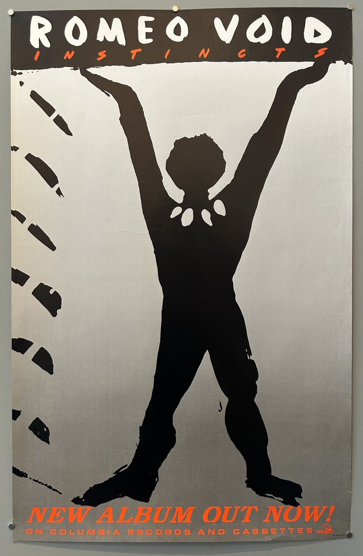 A black and white poster for the band Romeo Void's album "Instincts." The top features the band name "ROMEO VOID" in large, bold letters.